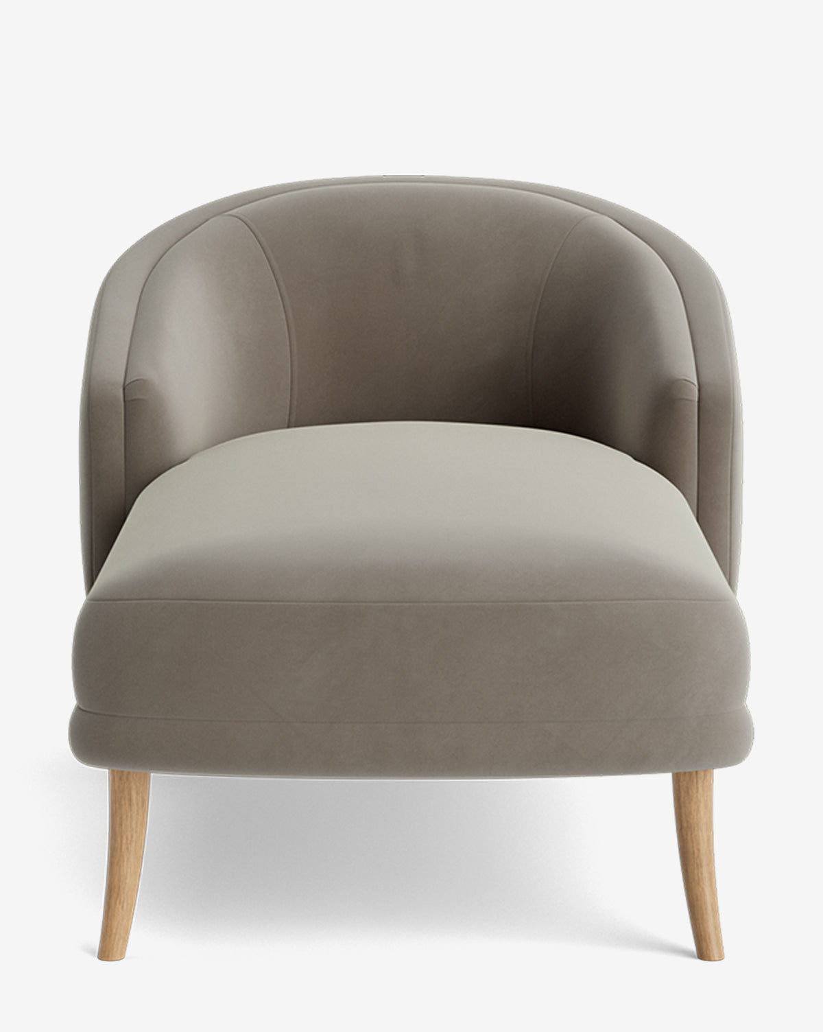 Front view of the Marguerite Chaise Lounge in modern taupe, featuring a rounded backrest and light wooden legs, displayed against a plain white background, by McGee & Co.