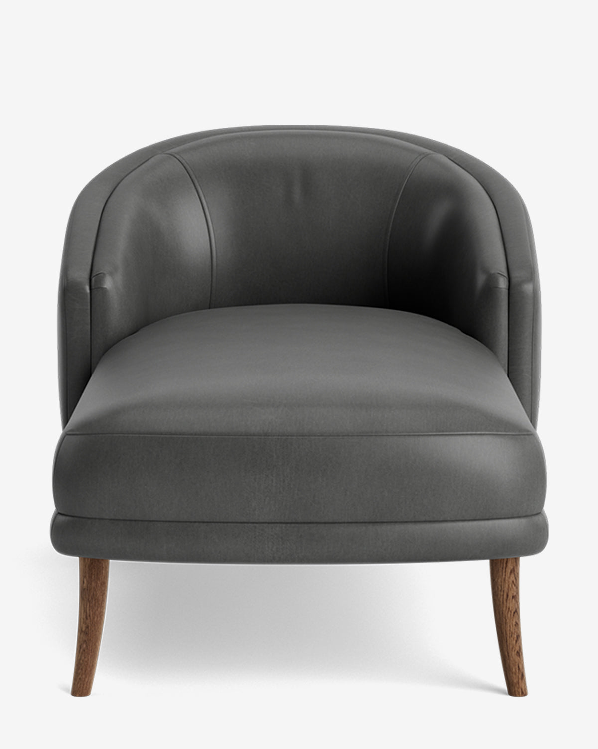 A modern Marguerite Chaise Lounge in dark gray, featuring a curved backrest and wooden legs, is shown from the front against a plain white background by McGee & Co.