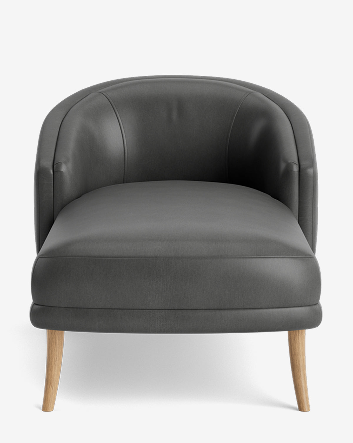 The Marguerite Chaise Lounge is a modern, dark gray upholstered armchair with a rounded backrest and light wooden legs, shown from the front against a plain white background by McGee & Co.