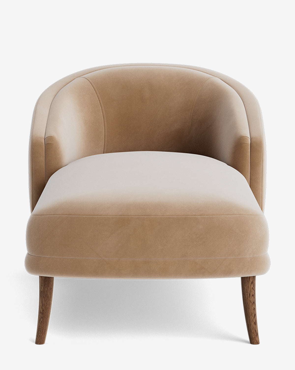 The Marguerite Chaise Lounge features a curved backrest, light brown fabric upholstery, and four wooden legs. Its minimalist, stylish design makes it perfect for adding elegance to contemporary interiors by McGee & Co.