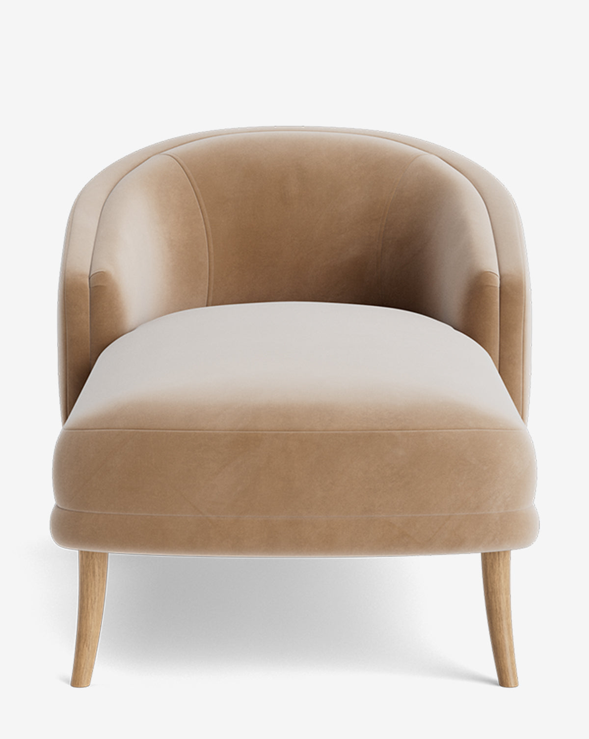 Front view of the Marguerite Chaise Lounge, featuring light tan upholstery, a curved backrest, and wooden legs, styled in a modern traditional design against a white background, by McGee & Co.