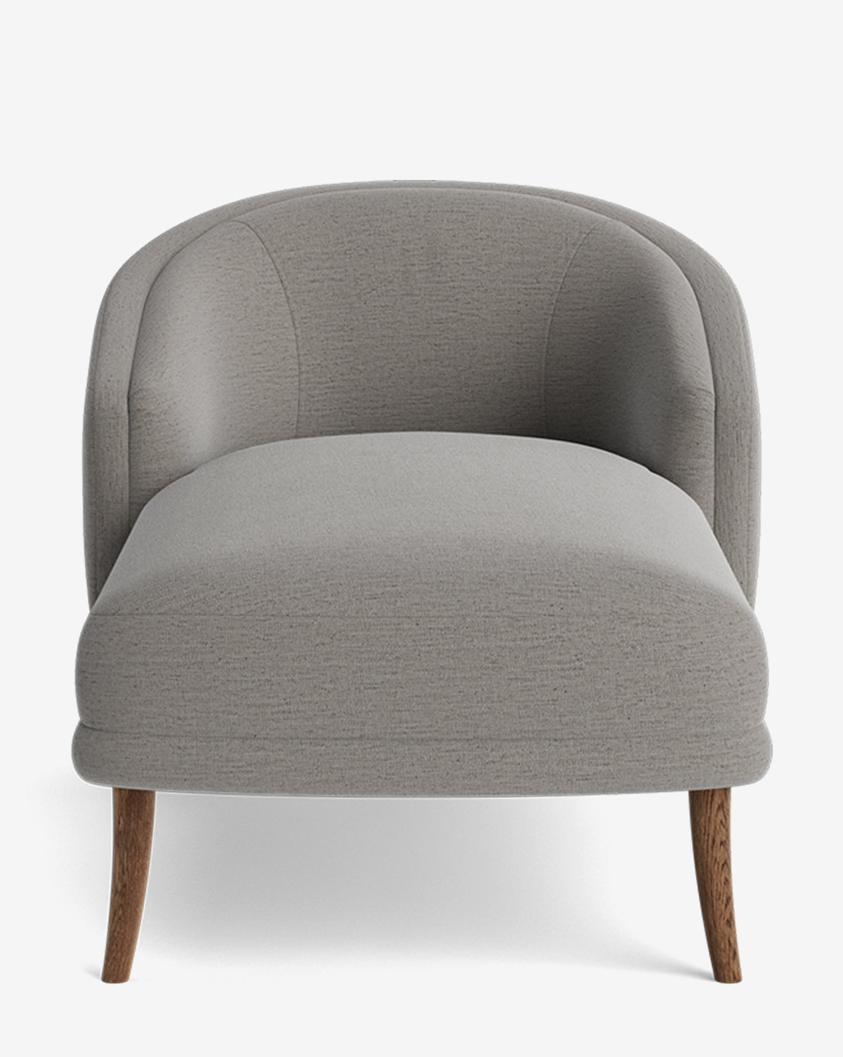 The Marguerite Chaise Lounge is a modern, light gray upholstered chair with a curved backrest and wooden legs, styled with the elegance of a traditional chaise and shown from the front against a white background, by Vendixs