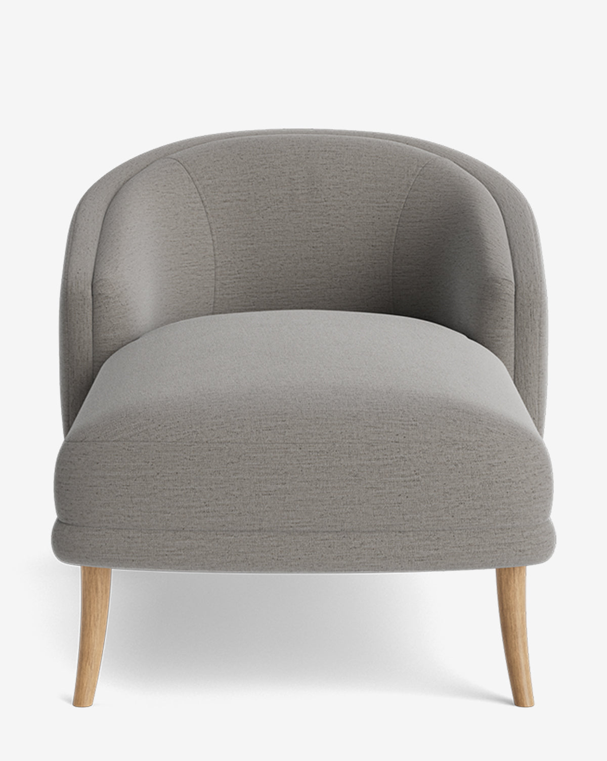 Front view of the Marguerite Chaise Lounge, featuring light grey upholstery, a curved backrest, and light wooden legs, displayed against a white background, by McGee & Co.