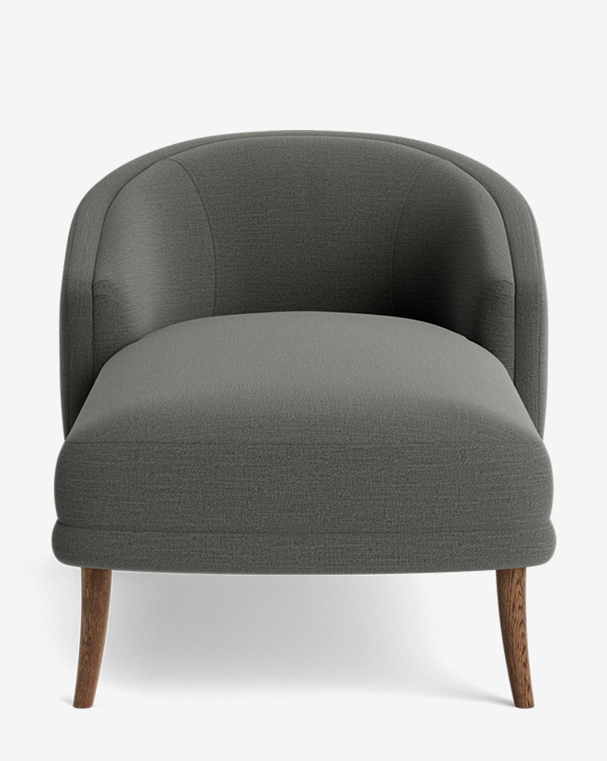 The Marguerite Chaise Lounge features dark gray upholstery, a rounded backrest, and angled wooden legs for a modern look, inspired by classic elegance and displayed against a plain white background, by McGee & Co.