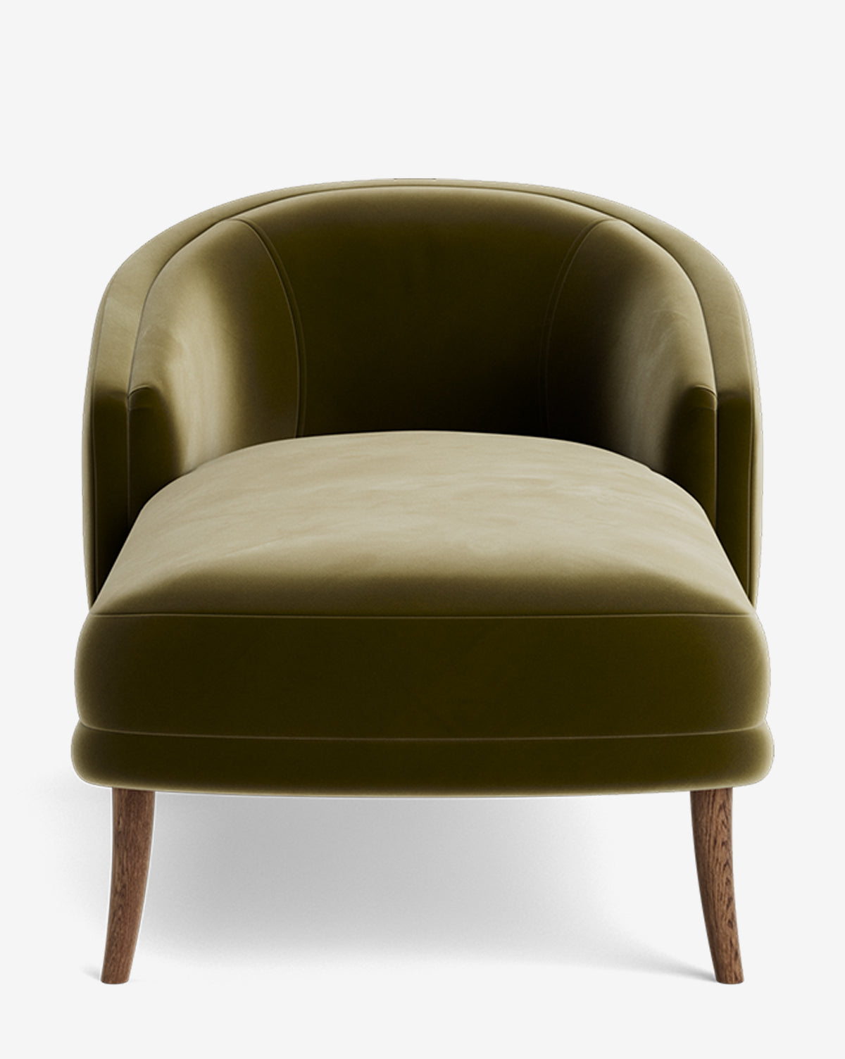 Front view of the Marguerite Chaise Lounge, a modern traditional piece in olive green velvet with a curved backrest and wooden legs, customizable to fit your style, displayed against a plain white background, by McGee & Co.