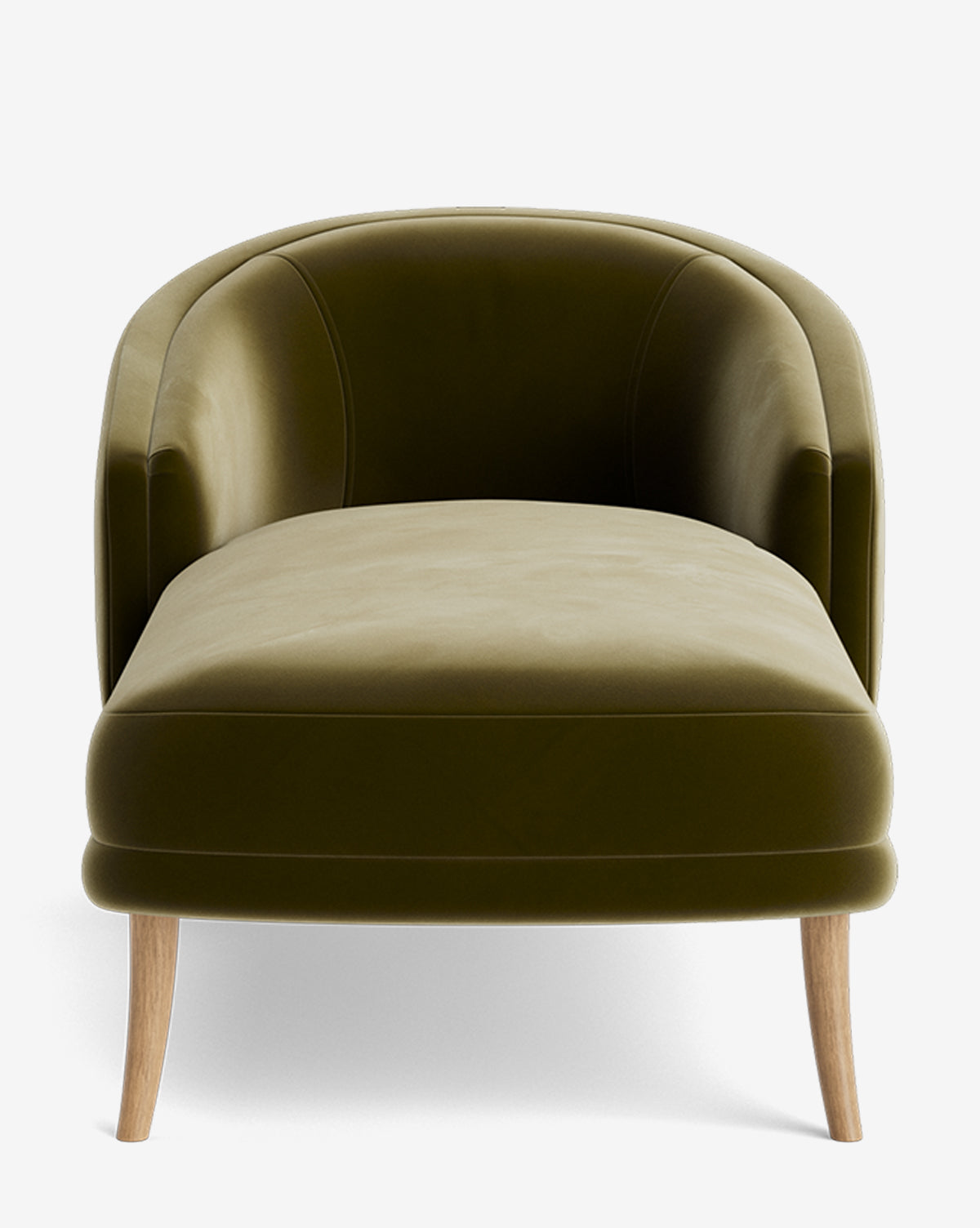 Front view of the Marguerite Chaise Lounge, a modern-traditional lounge in olive green velvet featuring a curved backrest and light wood legs, displayed against a plain white background, by McGee & Co.