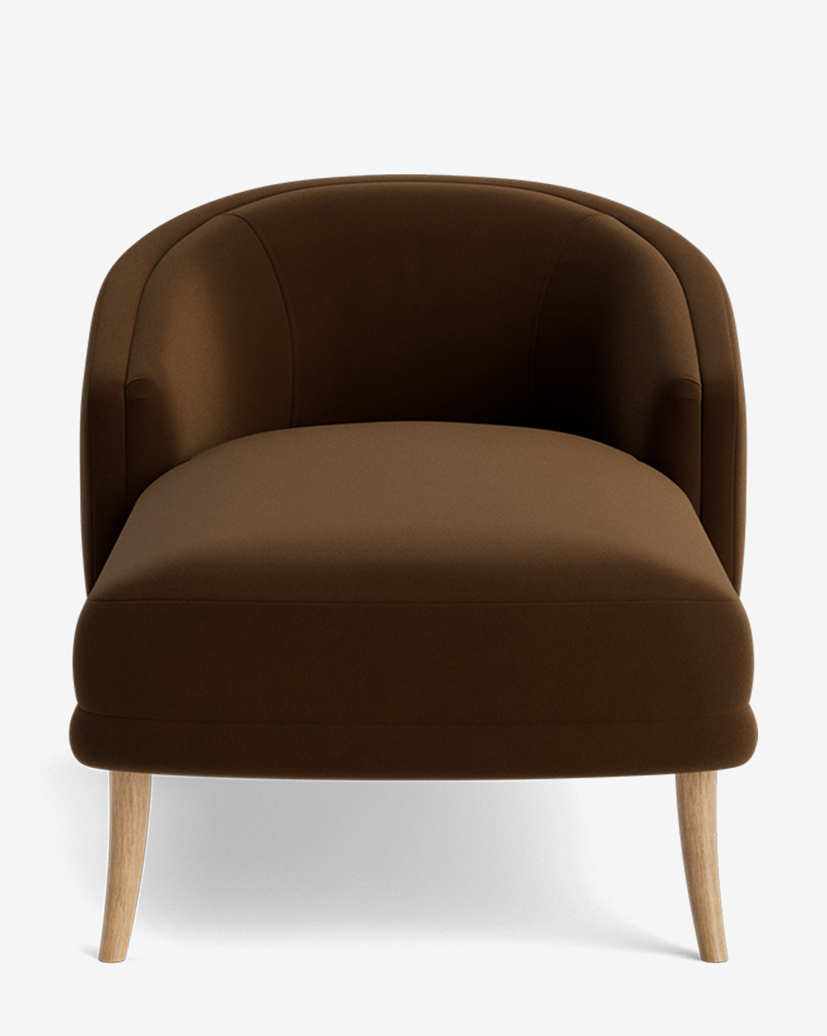 The Marguerite Chaise Lounge features a curved backrest, dark brown upholstery, and four light wooden legs, displayed against a plain white background, by Vendixs