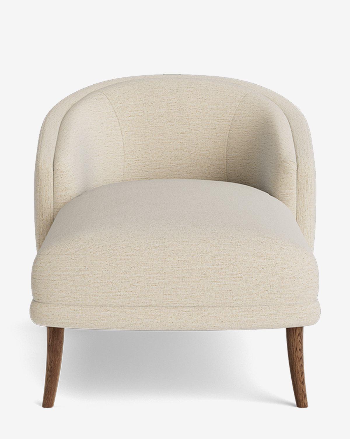 Front view of the Marguerite Chaise Lounge accent chair featuring a rounded backrest, beige fabric upholstery, and wooden legs, set against a plain white background, by Vendixs