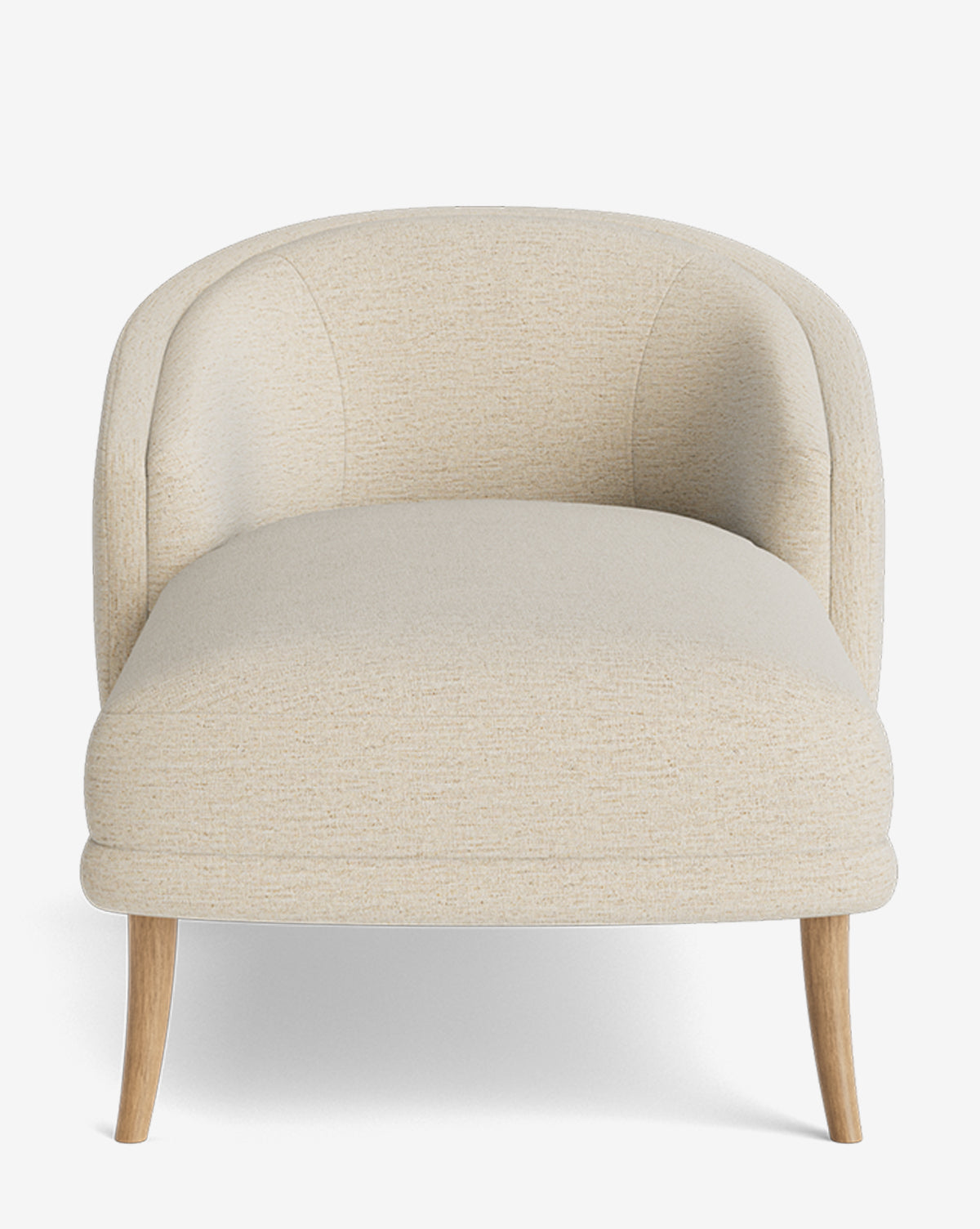 The Marguerite Chaise Lounge features a modern cream finish, curved backrest, rounded seat, and light wooden legs—captured against a white background for the perfect blend of comfort and timeless elegance, by McGee & Co.