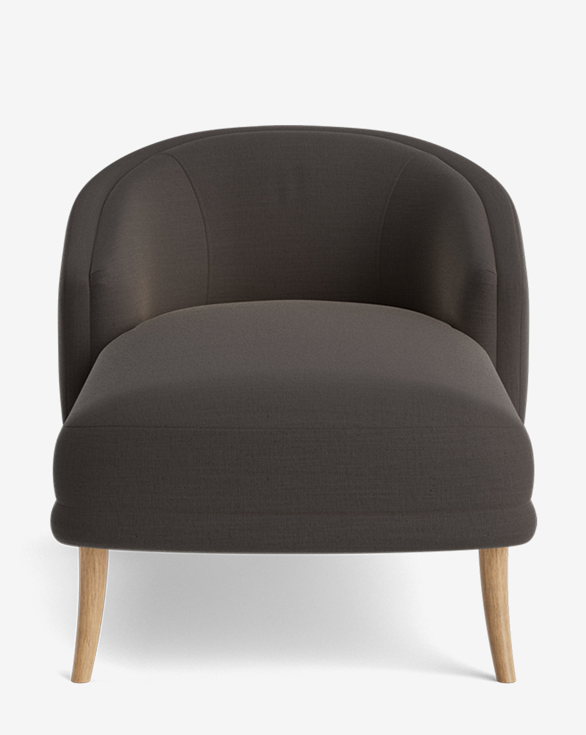 The Marguerite Chaise Lounge is a modern, dark gray chaise with a rounded back and light wooden legs, shown from the front against a white background, by McGee & Co.