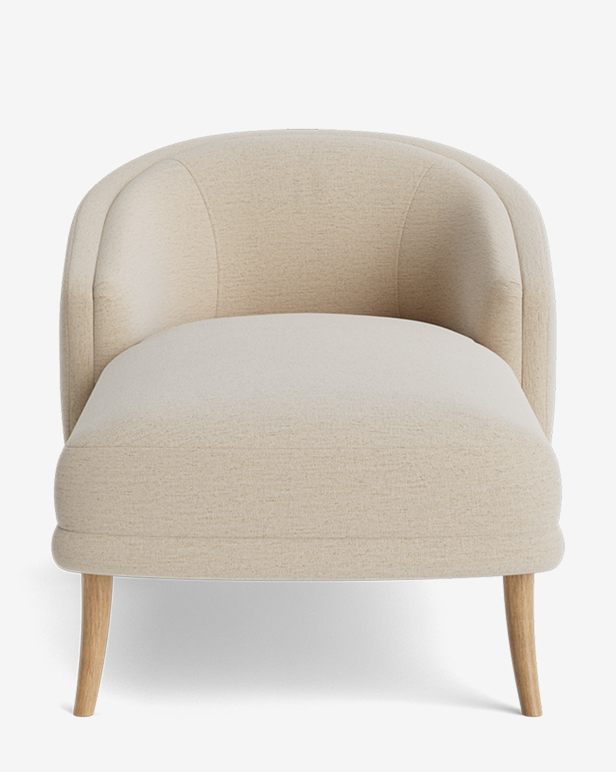 The Marguerite Chaise Lounge features modern beige upholstery, a rounded backrest, and light wooden legs, shown from the front against a plain white background by McGee & Co.