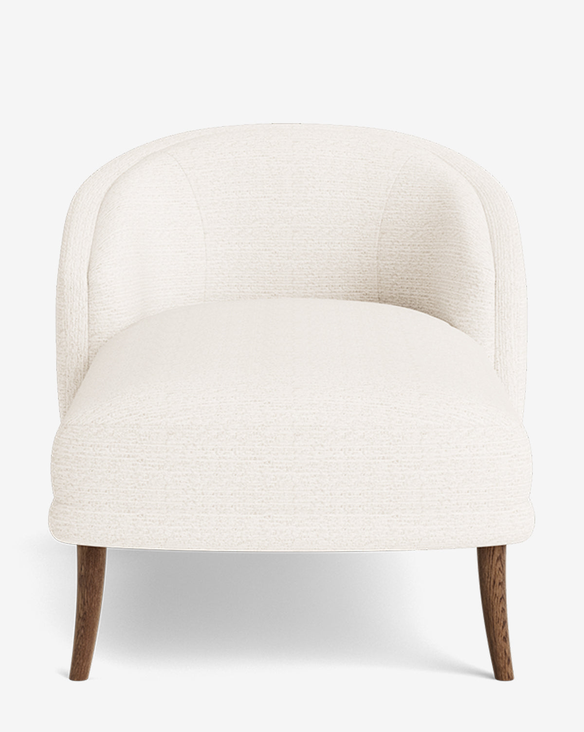 The Marguerite Chaise Lounge is a modern traditional accent chair with a curved backrest, light cream upholstery, and four angled wooden legs—ideal for timeless style as a customizable chaise against a plain white background by McGee & Co.