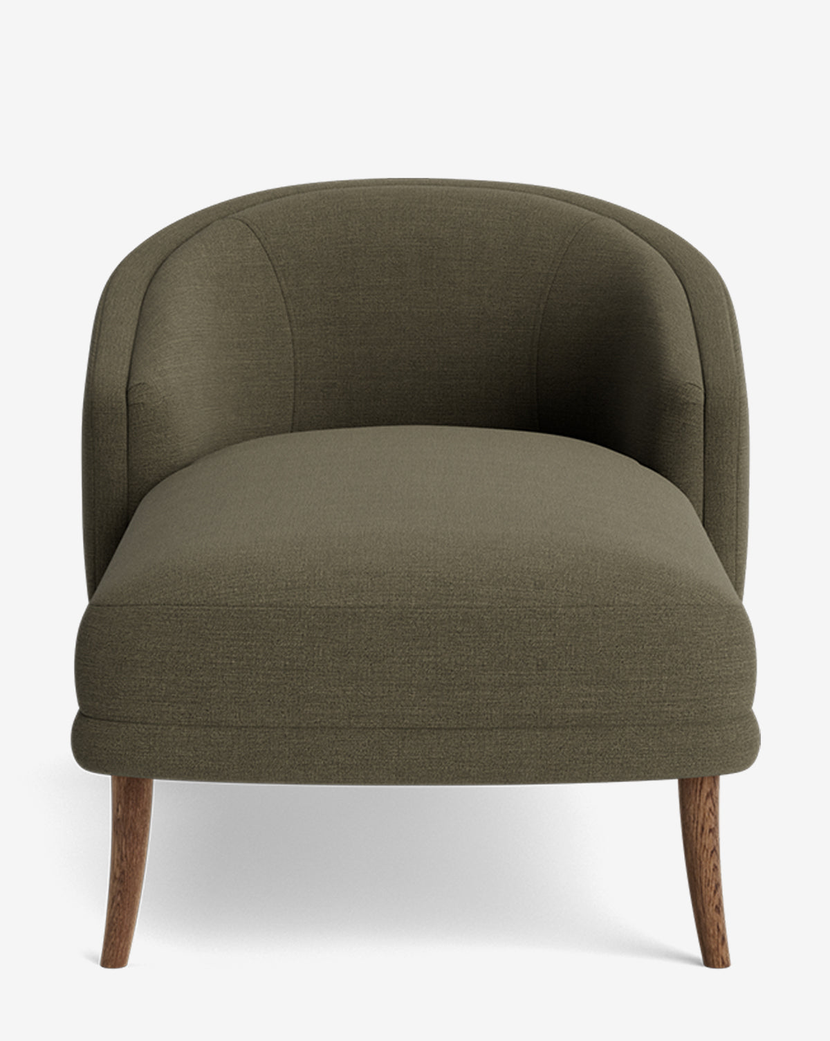 The Marguerite Chaise Lounge is a modern olive-green upholstered armchair featuring a curved backrest and wooden legs, shown from the front against a plain white background, by McGee & Co.