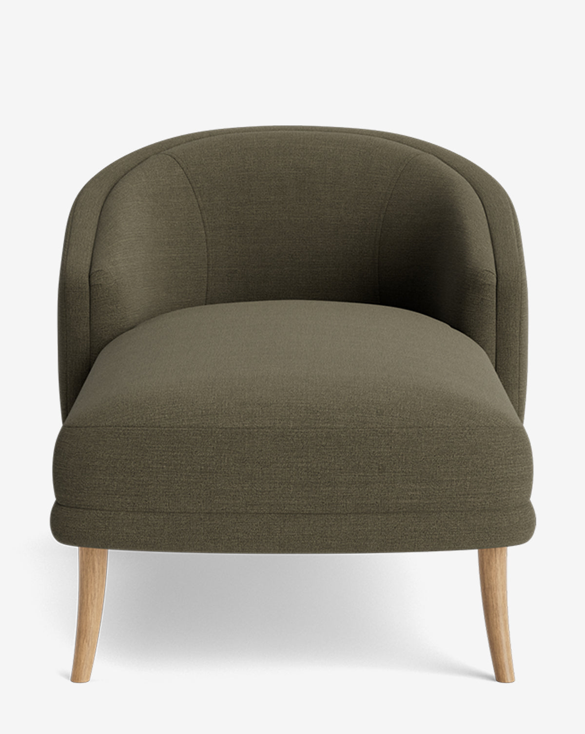 The Marguerite Chaise Lounge features a modern curved backrest, olive-green upholstery, and four light wooden legs, photographed from the front against a plain white background by McGee & Co.