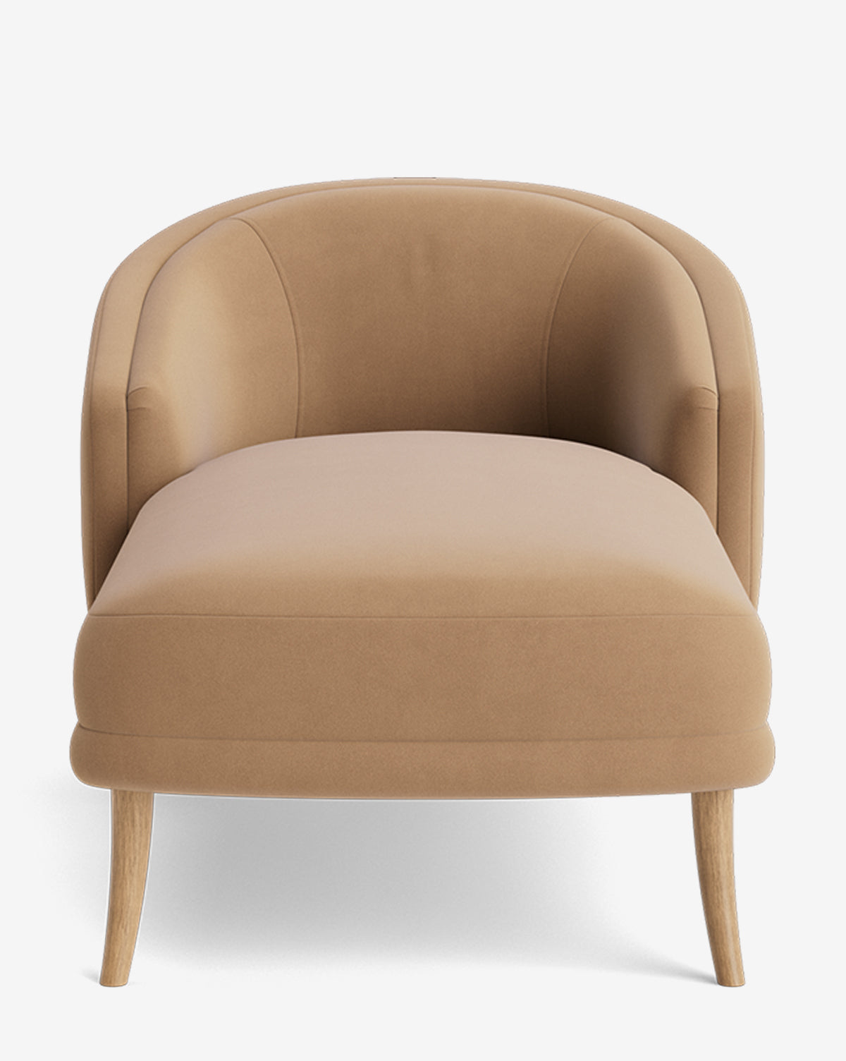 The Marguerite Chaise Lounge is a modern, armless chair with light brown upholstery, a rounded backrest, and four light wooden legs, shown from the front on a white background by McGee & Co.