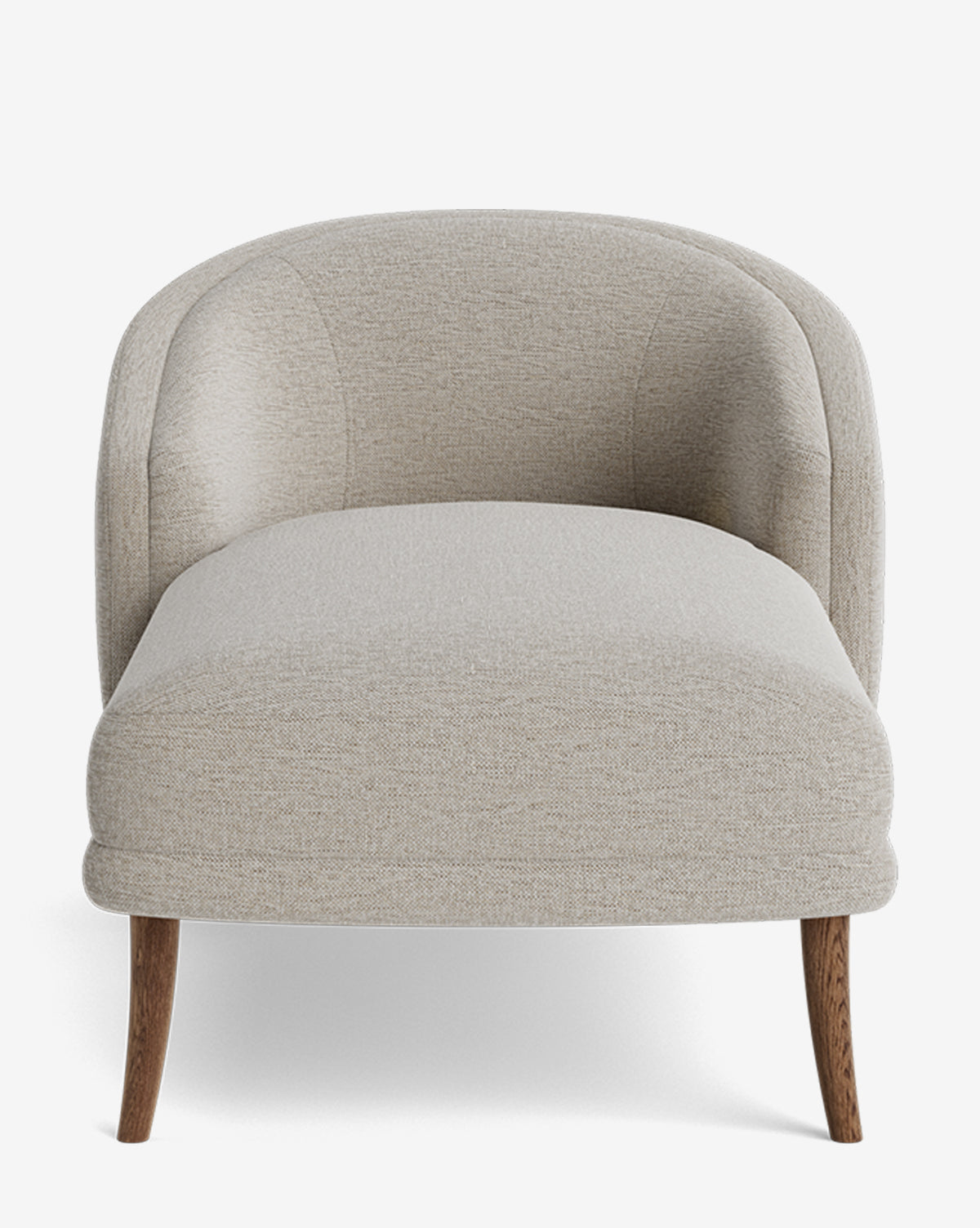 Front view of the Marguerite Chaise Lounge in light beige upholstery with a curved backrest and four angled wooden legs, combining modern traditional style and comfort for customizable relaxation on a white background, by Vendixs