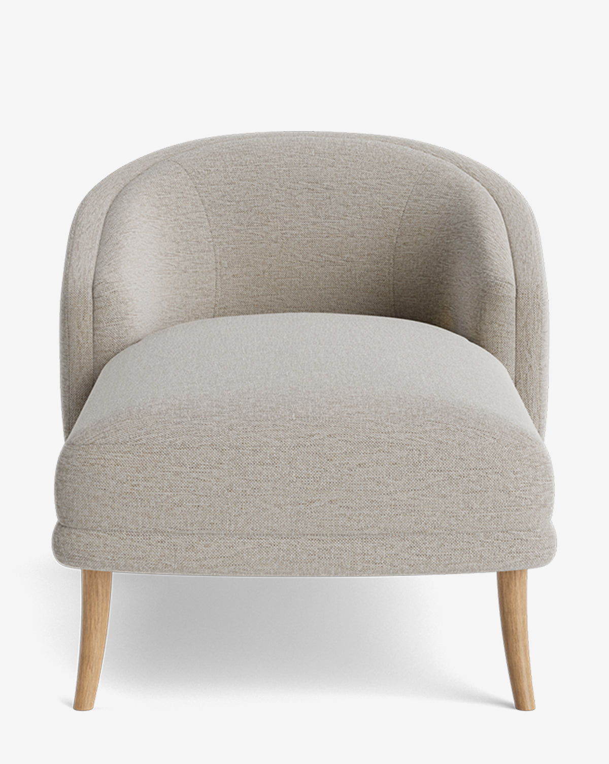 The Marguerite Chaise Lounge is a modern, light gray upholstered lounge chair with curved backrest and armrests, set on four light wood legs and shown from the front against a white background by McGee & Co.