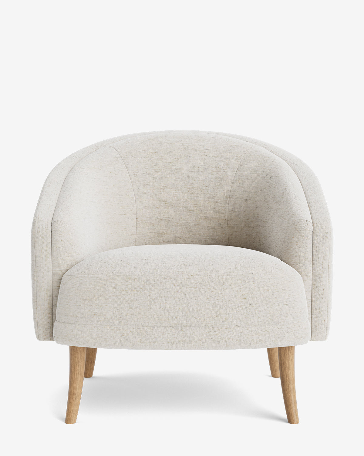 The Marguerite Lounge Chair features a modern cream design with a rounded backrest and wooden legs, shown against a white background. This customizable chair brings contemporary style and comfort to any space by McGee & Co.