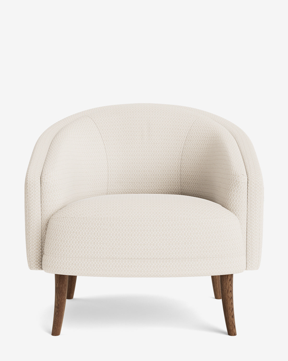 The Marguerite Lounge Chair is a modern, customizable armchair with a rounded backrest and seat in textured off-white upholstery, set on four angled wooden legs—perfect for adding style to any space, by McGee & Co.