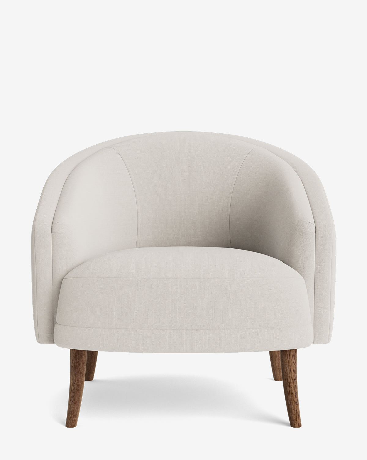 The Marguerite Lounge Chair is a modern armchair with curved lines, light beige upholstery, and four angled wooden legs, shown from the front on a white background by McGee & Co.