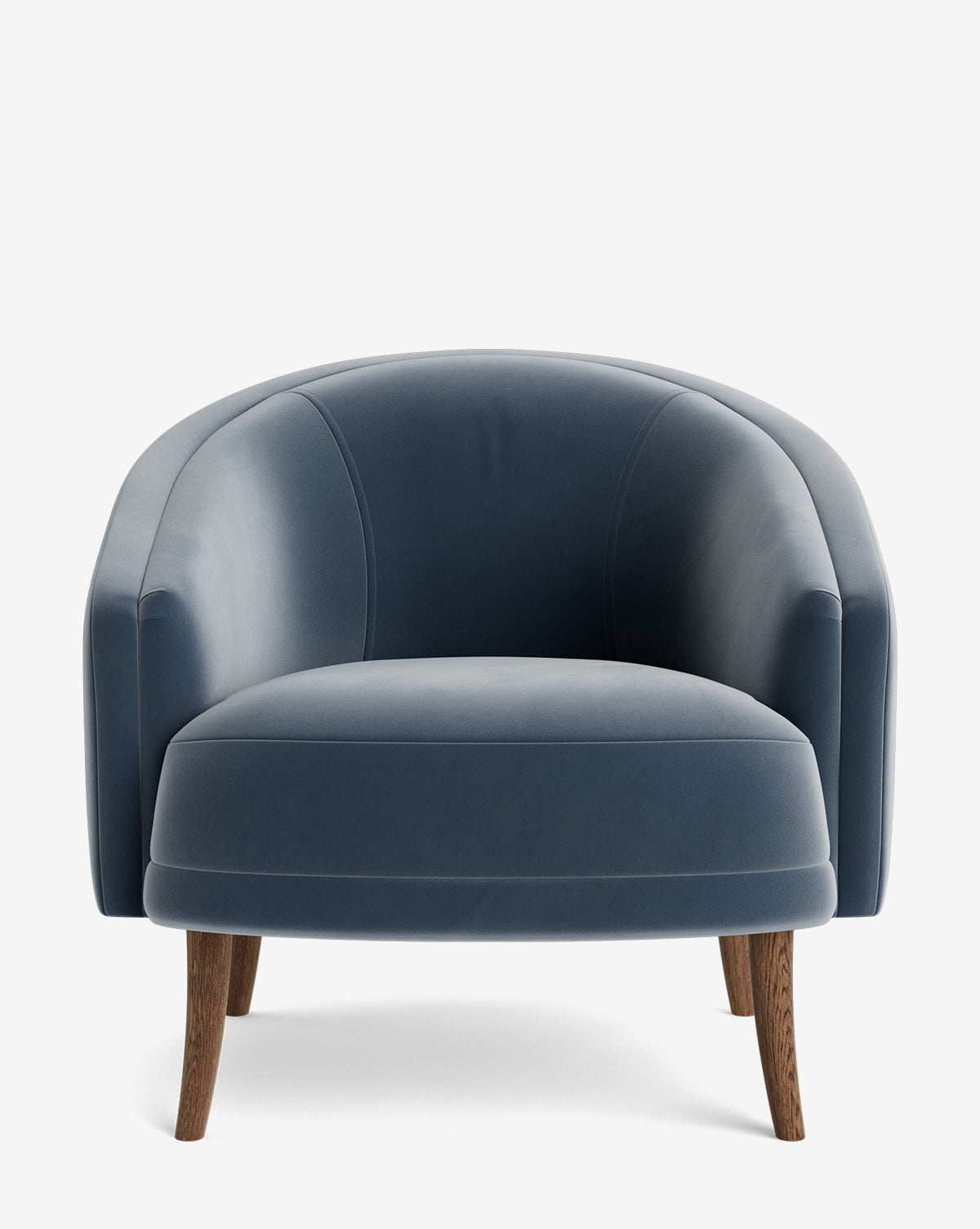 The Marguerite Lounge Chair is shown from the front against a plain white background, featuring blue upholstery, a curved backrest, and wooden legs by McGee & Co.