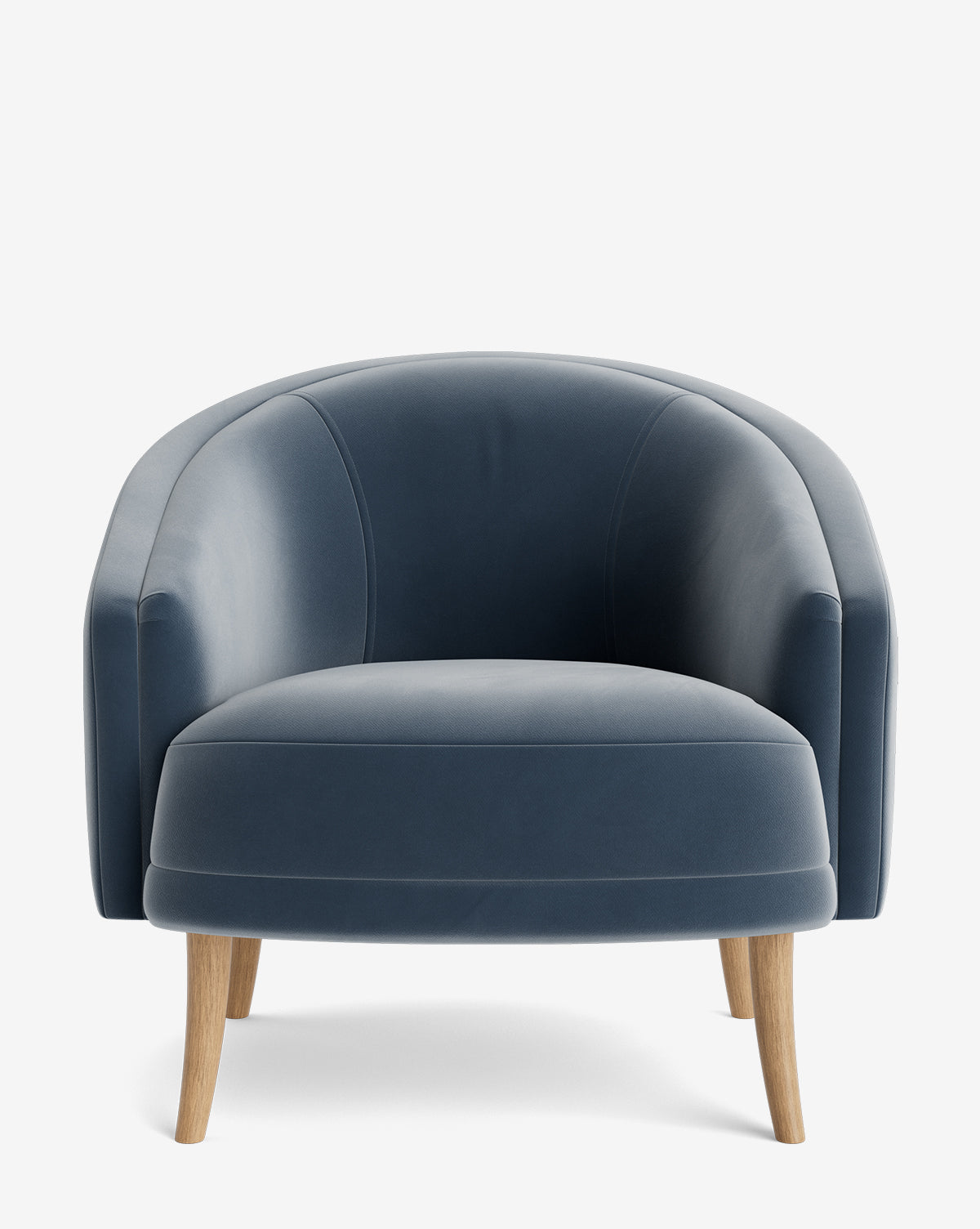 The Marguerite Lounge Chair features a curved backrest and dark blue upholstery, supported by four light wood legs, and is displayed against a plain white background by McGee & Co.