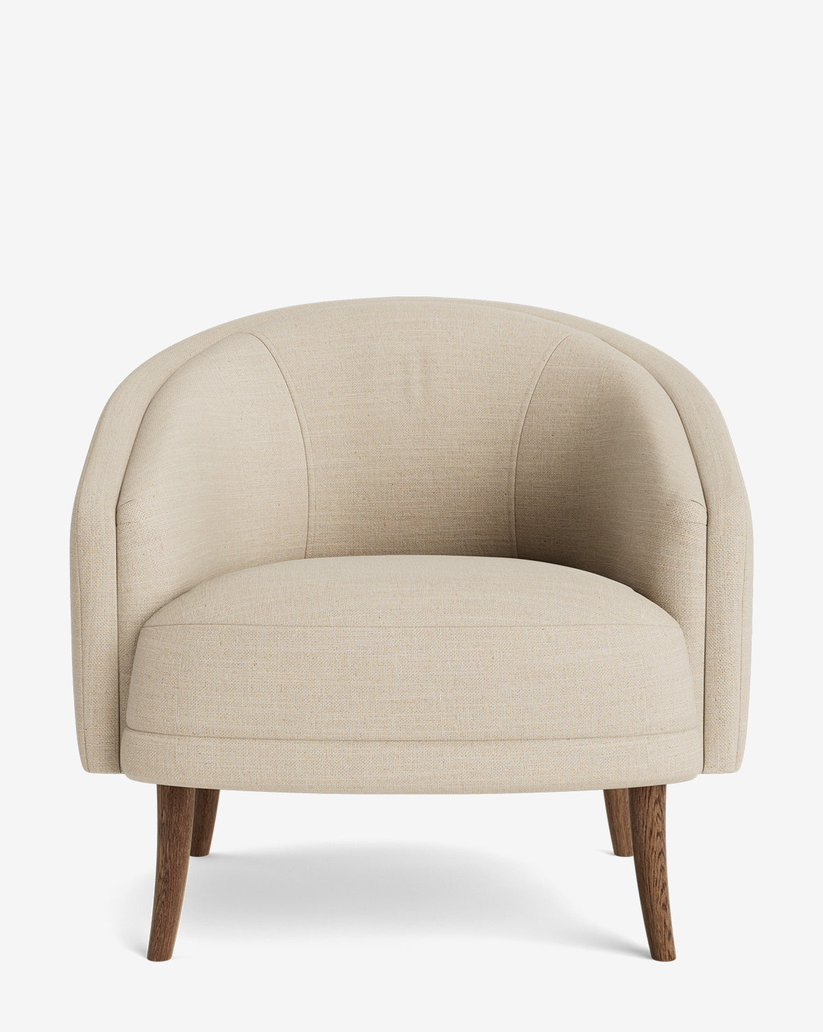 The Marguerite Lounge Chair showcases beige upholstery, a curved backrest, and a rounded seat with four angled wood legs, all set against a white background by McGee & Co.