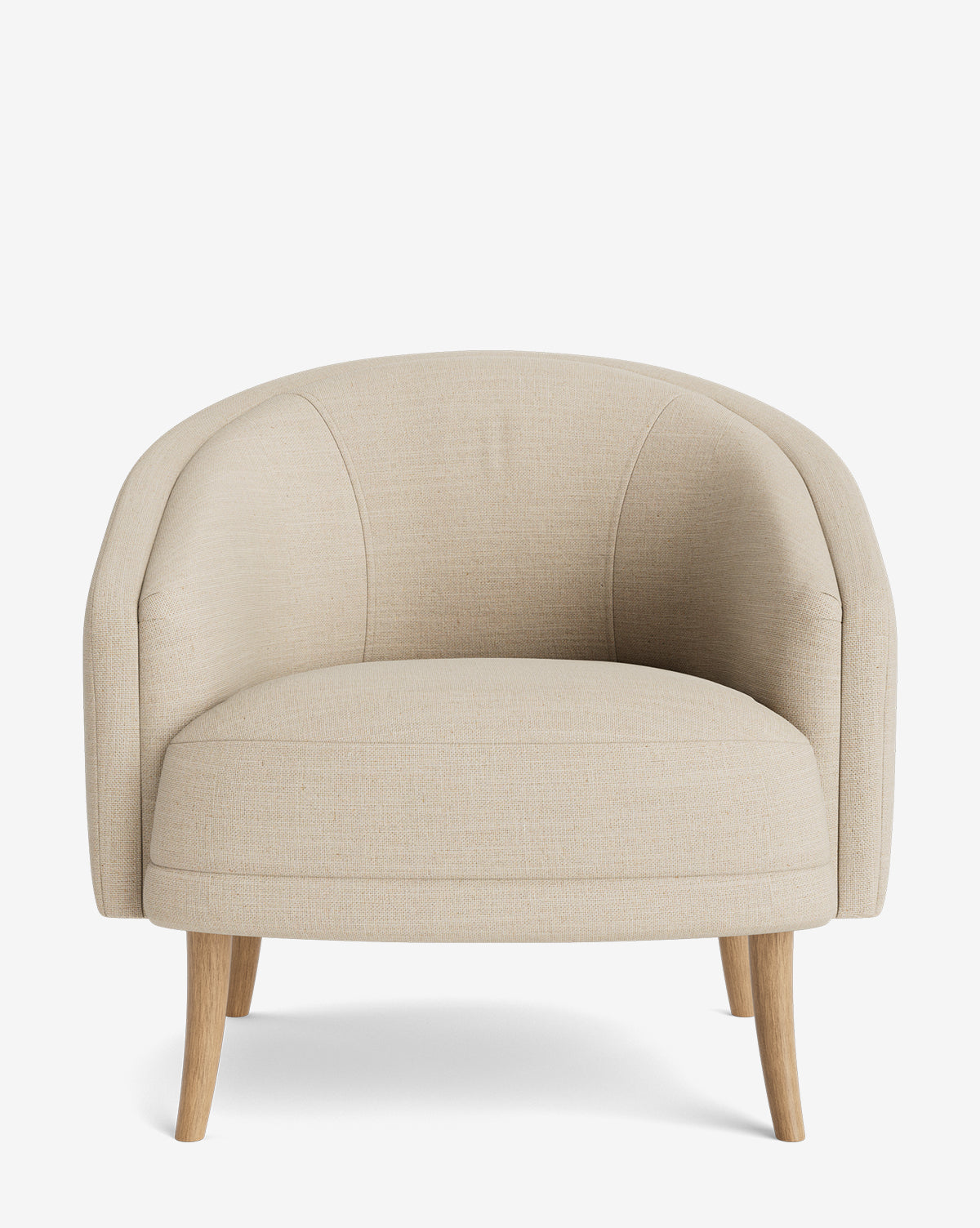 The Marguerite Lounge Chair boasts beige upholstery, a rounded back and arms, and light wooden legs, offering a modern and customizable seating option for any space, by McGee & Co.