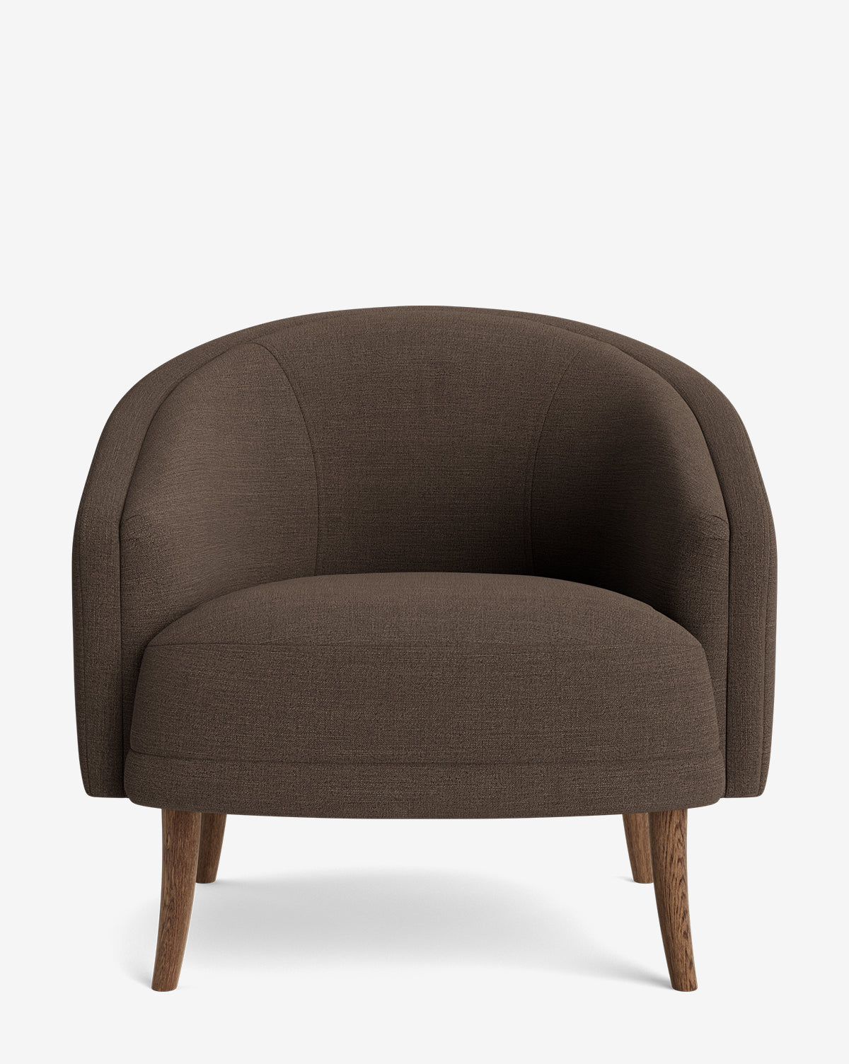 The Marguerite Lounge Chair features brown upholstery, a rounded backrest, and wooden legs. Photographed from the front on a white background, this modern chair combines comfort with classic style by McGee & Co.