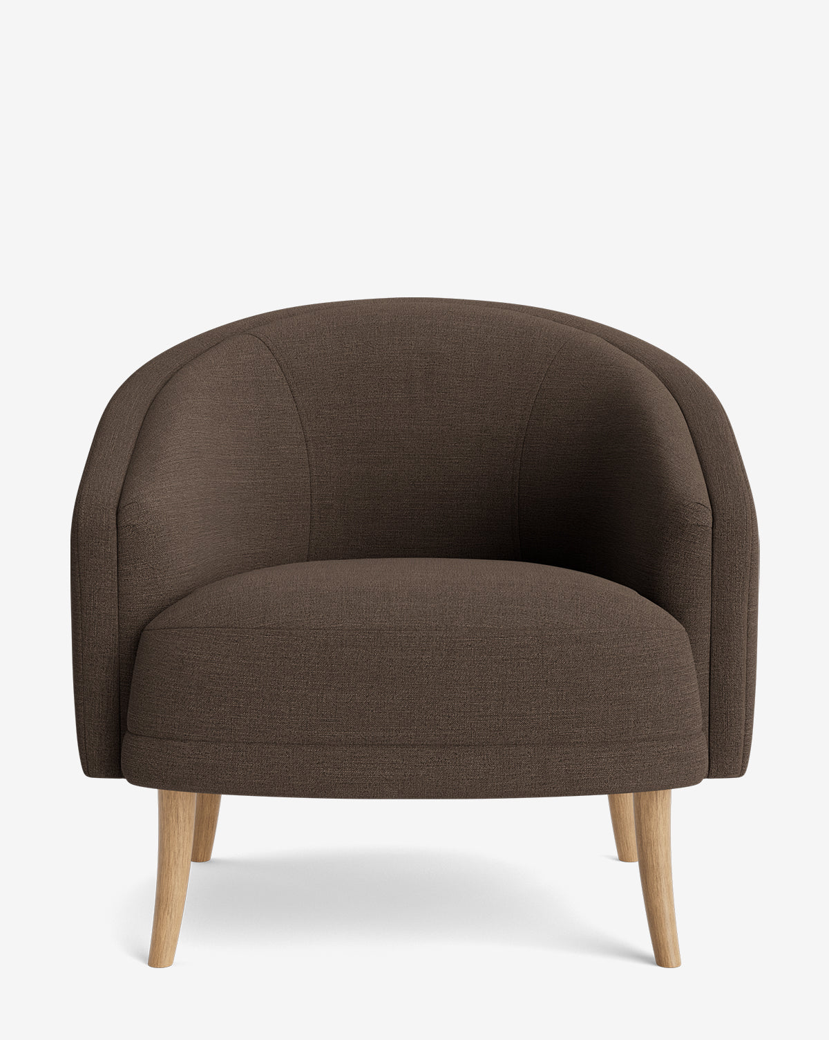 The Marguerite Lounge Chair features a modern, customizable design with brown upholstery, a curved backrest and armrests, light wooden legs, and is shown against a plain white background by McGee & Co.