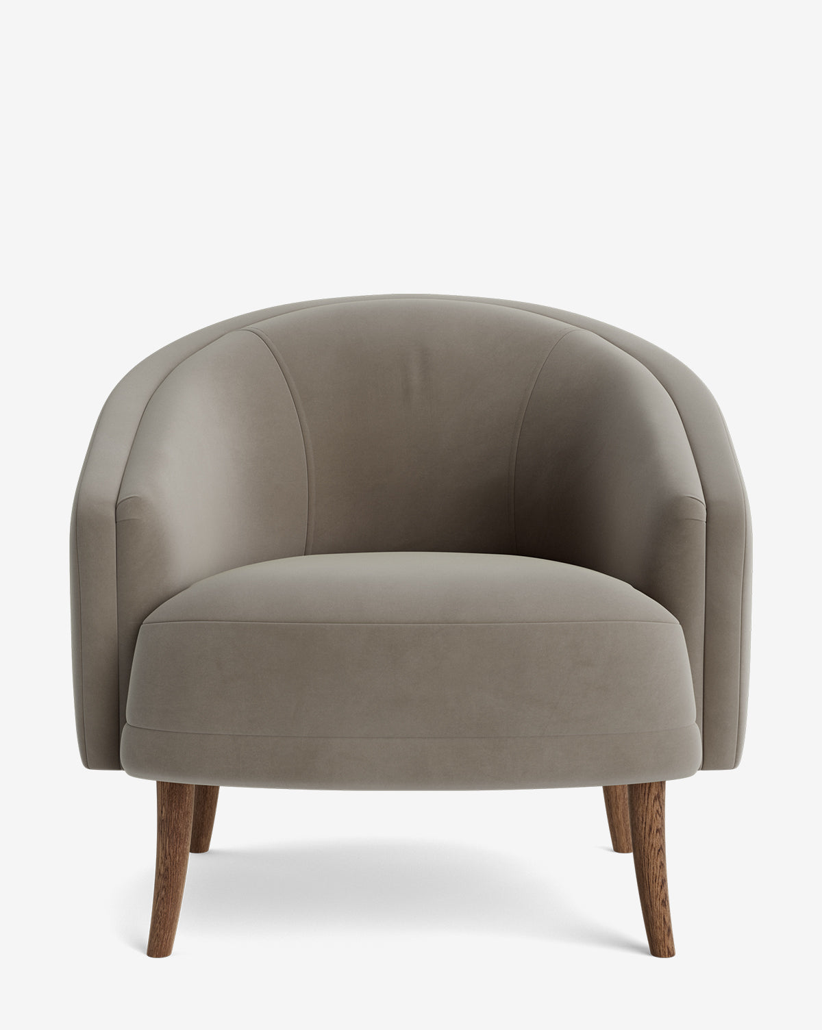 Front view of the Marguerite Lounge Chair, a modern seat with taupe upholstery, curved backrest, and four angled wooden legs, displayed against a white background by McGee & Co.