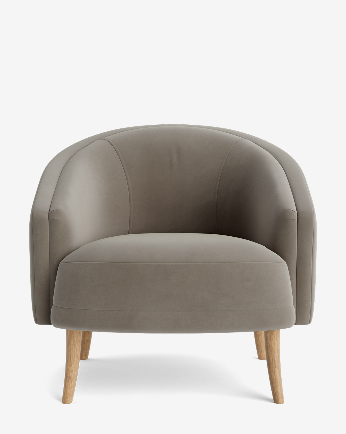 The Marguerite accent chair features a curved back, armrests, light brown fabric upholstery, and four angled wooden legs for a modern look, by McGee & Co.