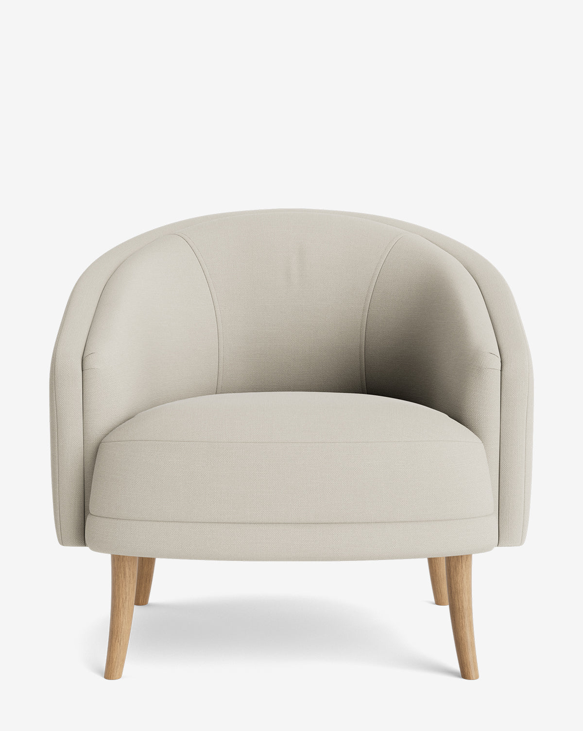 The Marguerite Lounge Chair features light beige upholstery, a rounded backrest, and angled wooden legs. Set against a plain white background, it delivers customizable comfort for modern spaces, by McGee & Co.