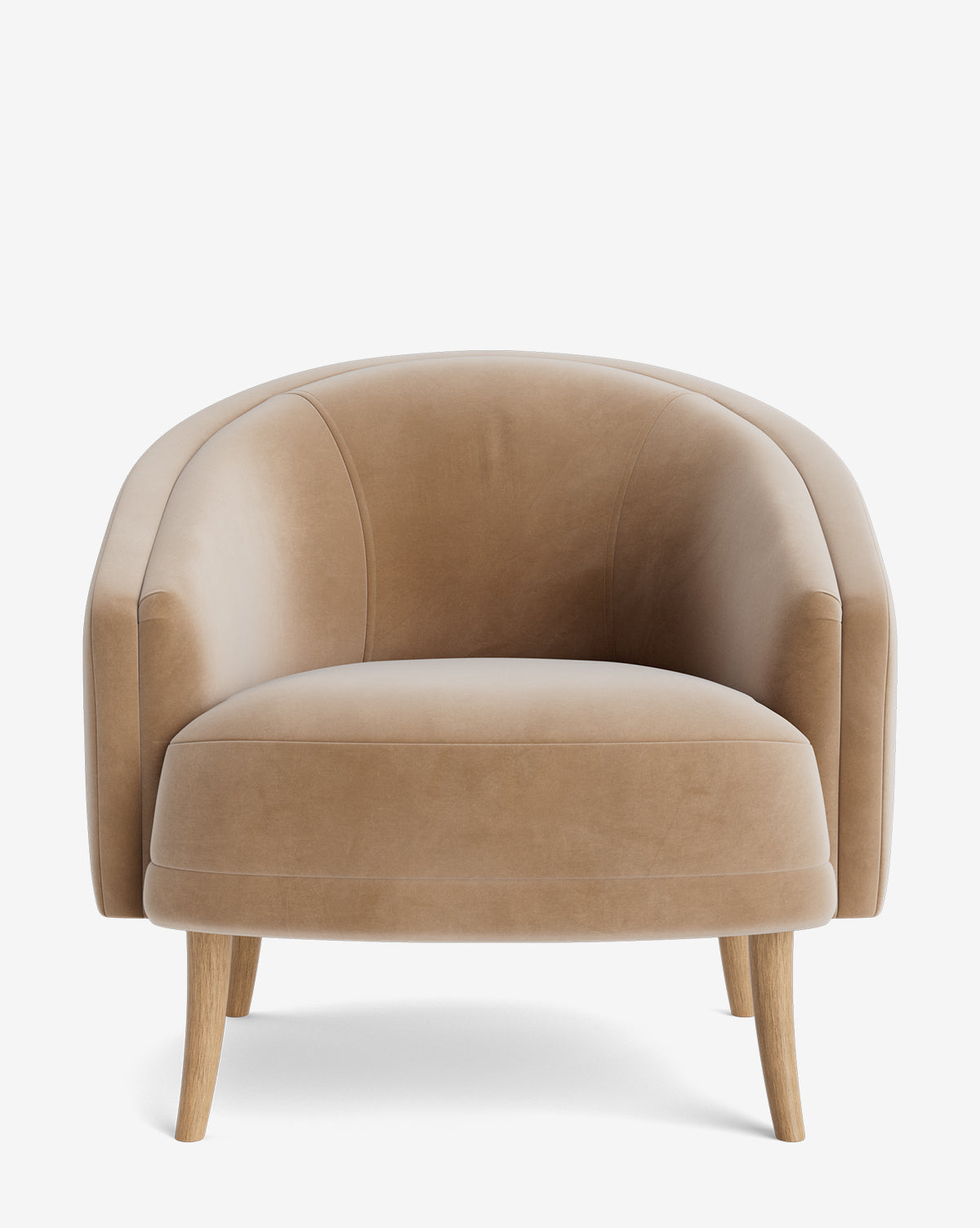 The Marguerite Lounge Chair features a curved backrest, light tan upholstery, wooden legs, and a wide cushioned seat—offering modern style and comfort for relaxation, by McGee & Co.