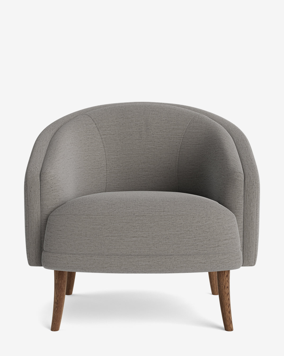 Front view of the Marguerite Lounge Chair, a modern armchair featuring grey upholstery, a curved backrest, and wooden legs, shown against a plain white background—ideal for customizing to suit any space, by McGee & Co.