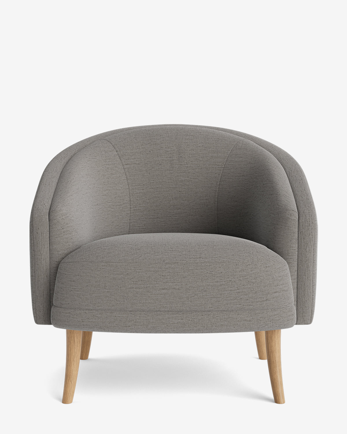 The Marguerite Lounge Chair features a curved backrest, smooth light gray upholstery, and four angled wooden legs for an elegant yet comfortable look against a white background, by McGee & Co.