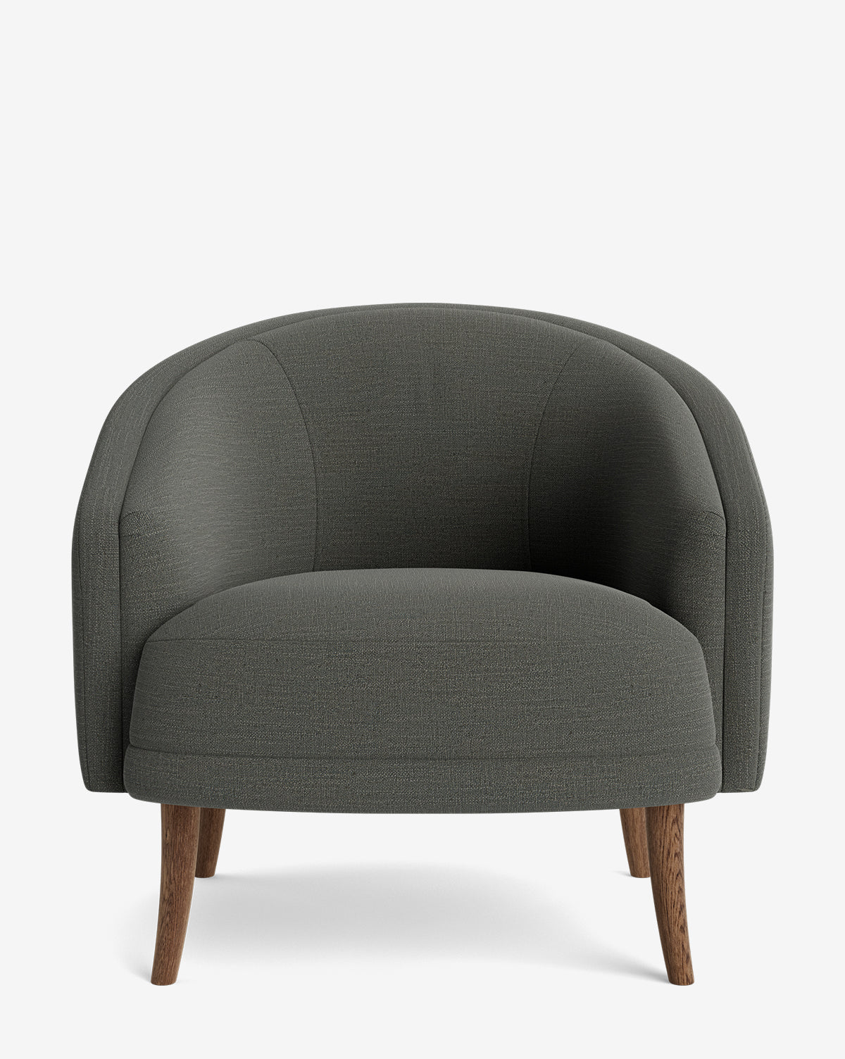 The Marguerite Lounge Chair features a modern design with dark gray upholstery, a curved backrest, and wooden legs, shown from the front on a plain white background by McGee & Co.