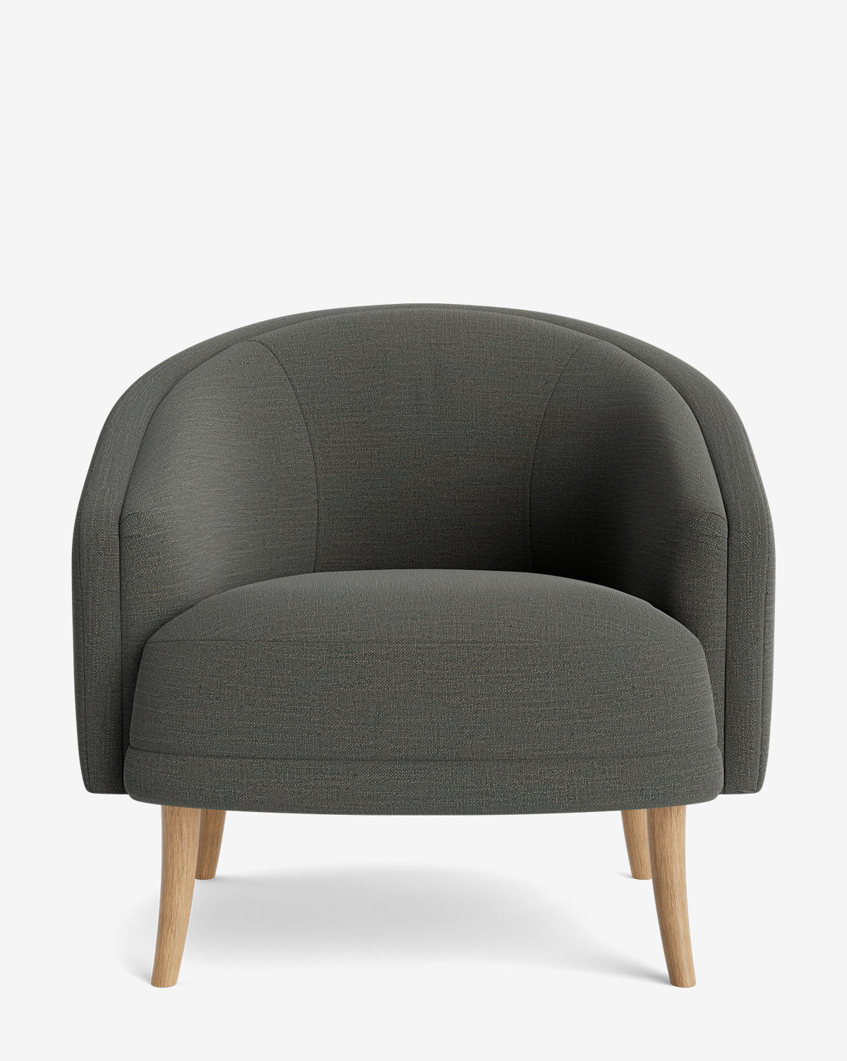 The Marguerite Lounge Chair features customizable dark gray upholstery, a rounded backrest, and light wood legs, shown here against a plain white background by McGee & Co.