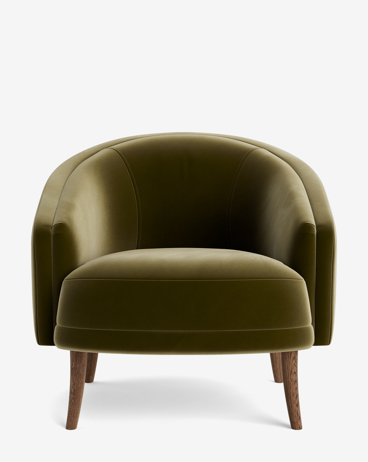 The Marguerite Lounge Chair features modern olive green velvet upholstery, a curved backrest, wide seat, and four angled wooden legs, displayed against a plain white background by McGee & Co.