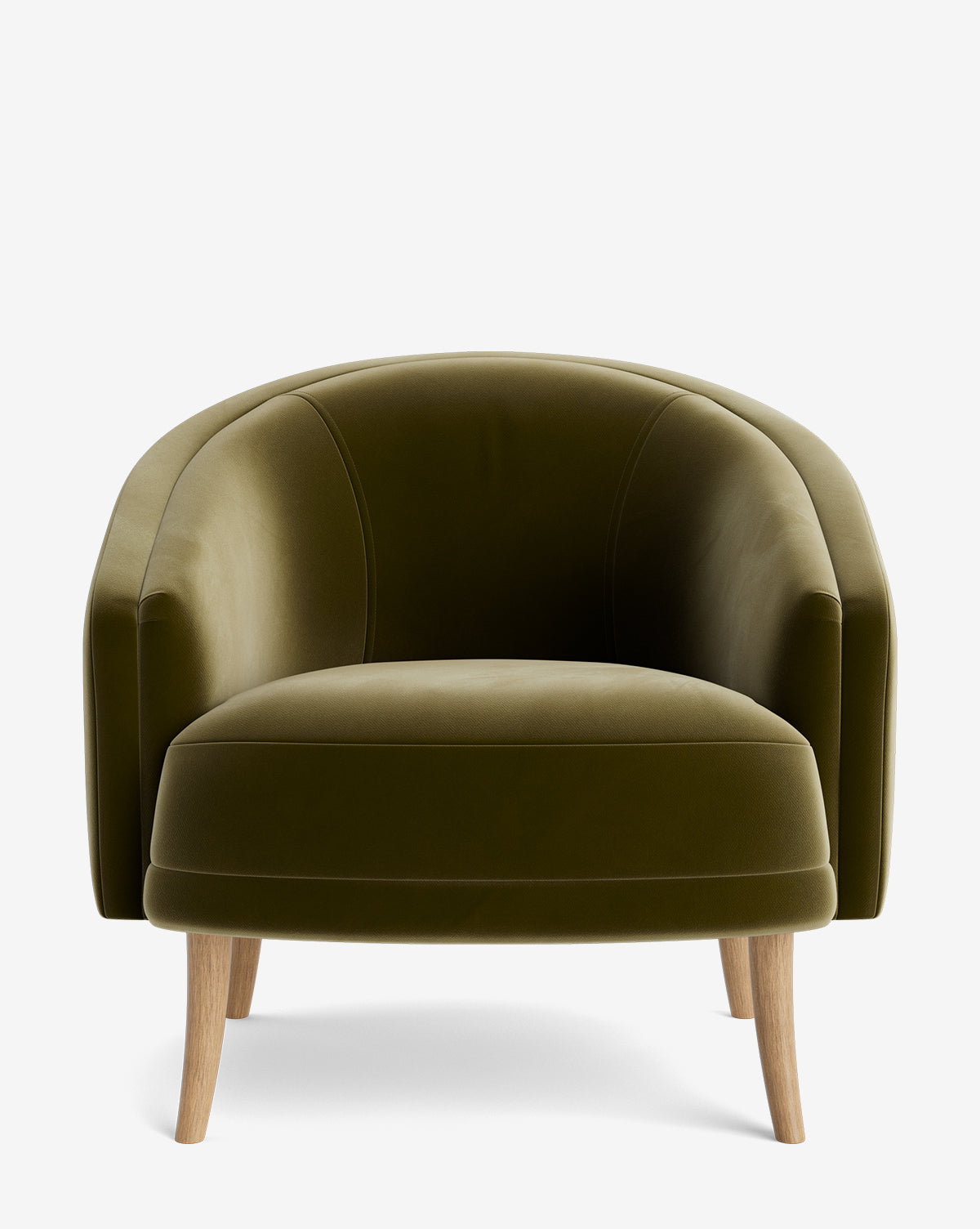 The Marguerite Lounge Chair showcases an olive green velvet finish, rounded backrest and seat, and light wooden legs for a modern look, displayed against a plain white background by Vendixs