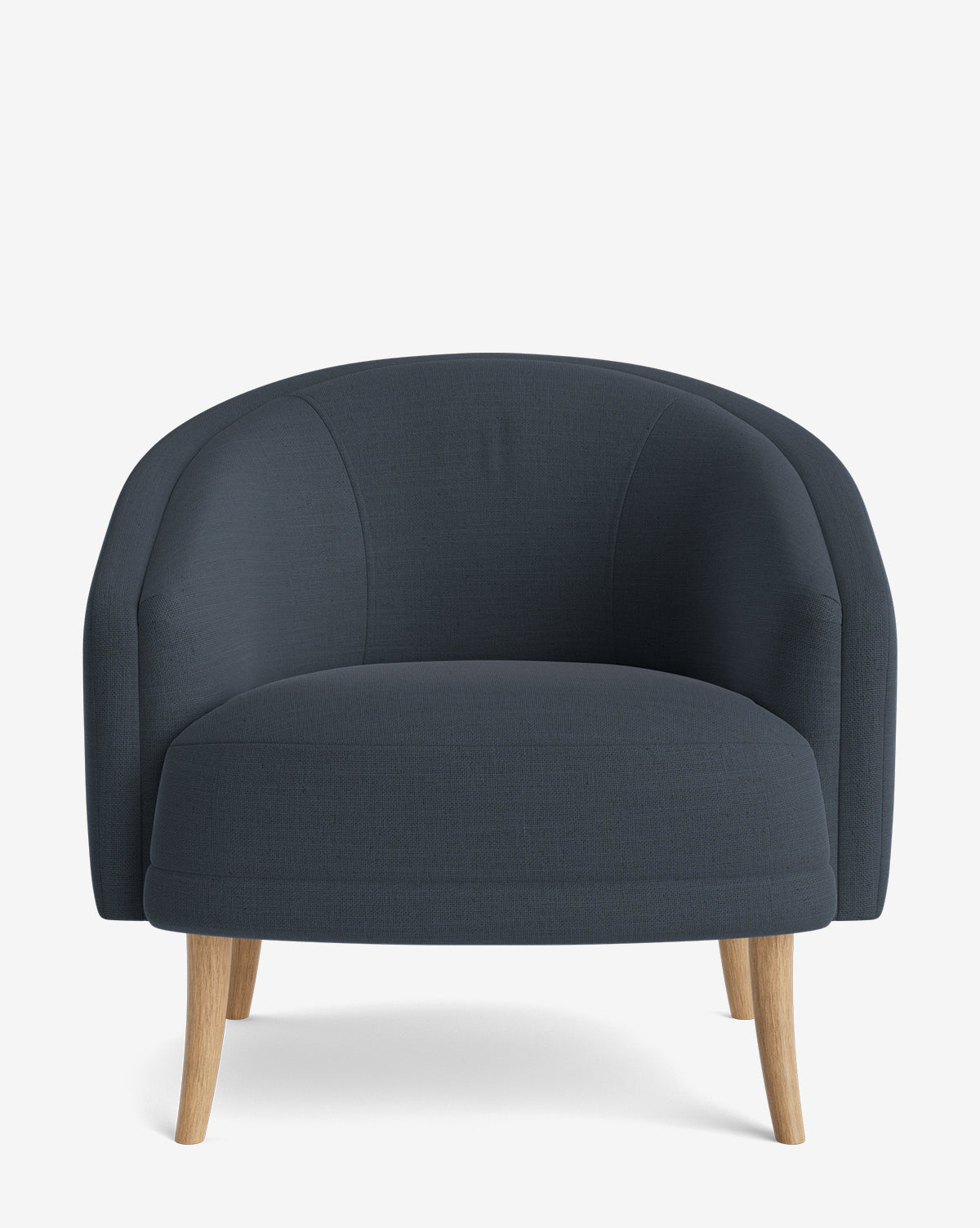 The Marguerite Lounge Chair is a modern armchair with dark blue upholstery, a curved backrest, and wooden legs, displayed against a plain white background by McGee & Co.