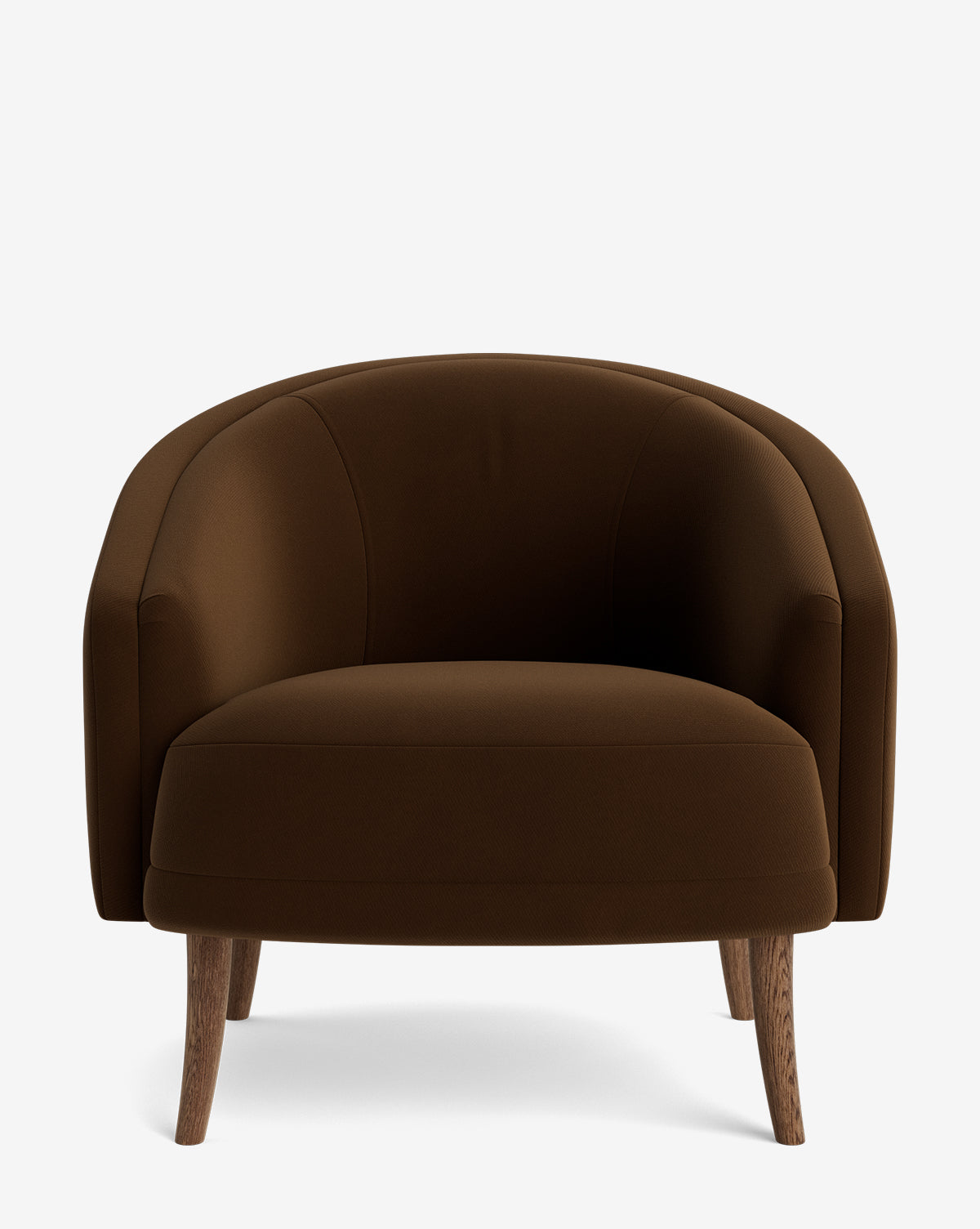 The Marguerite Lounge Chair features a rounded backrest and seat, dark brown fabric upholstery, and four angled wooden legs—an ideal choice for any contemporary space, by McGee & Co.
