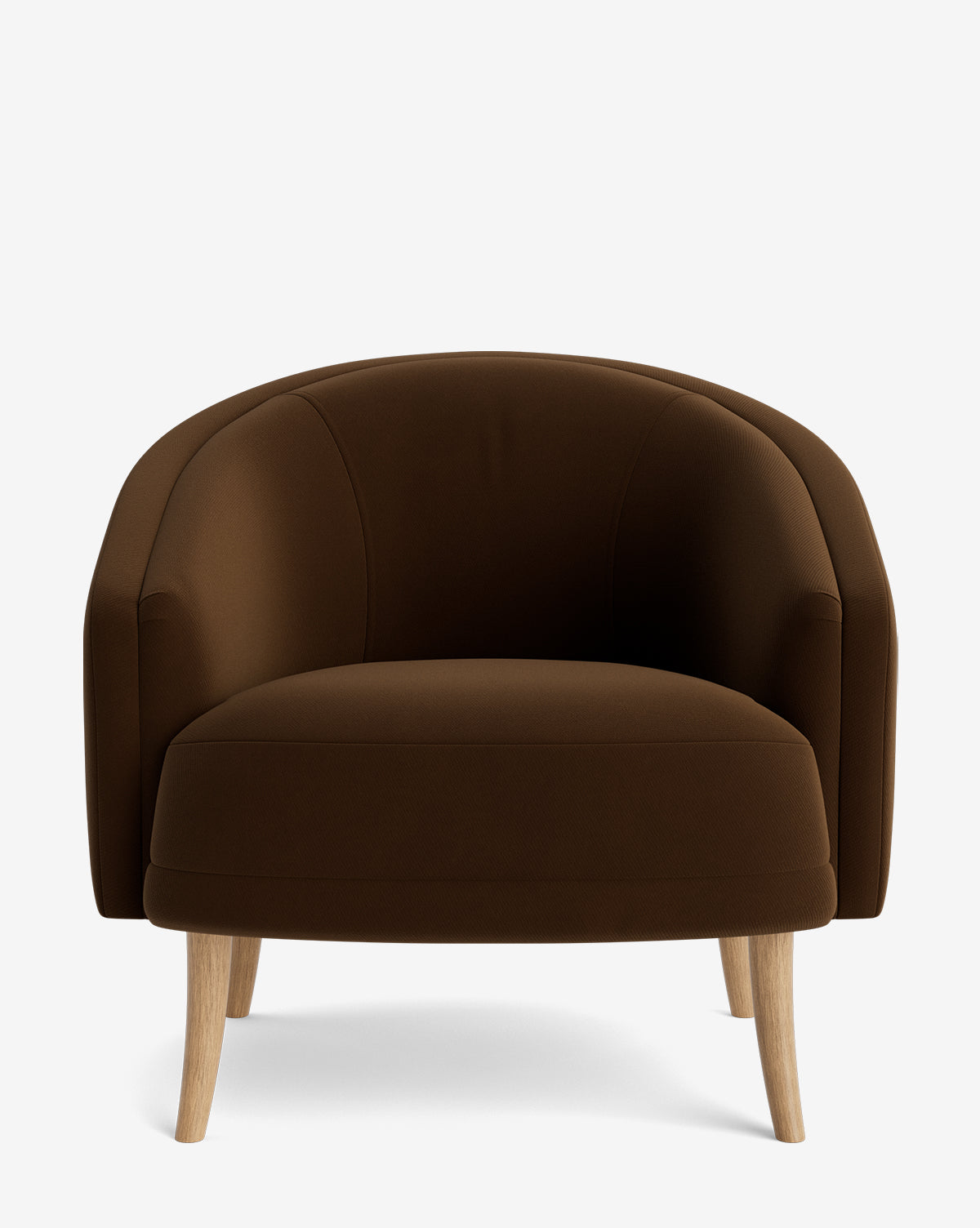 The Marguerite Lounge Chair features a rounded backrest, dark brown fabric upholstery, and four light wooden legs, shown from the front on a plain white background by McGee & Co.
