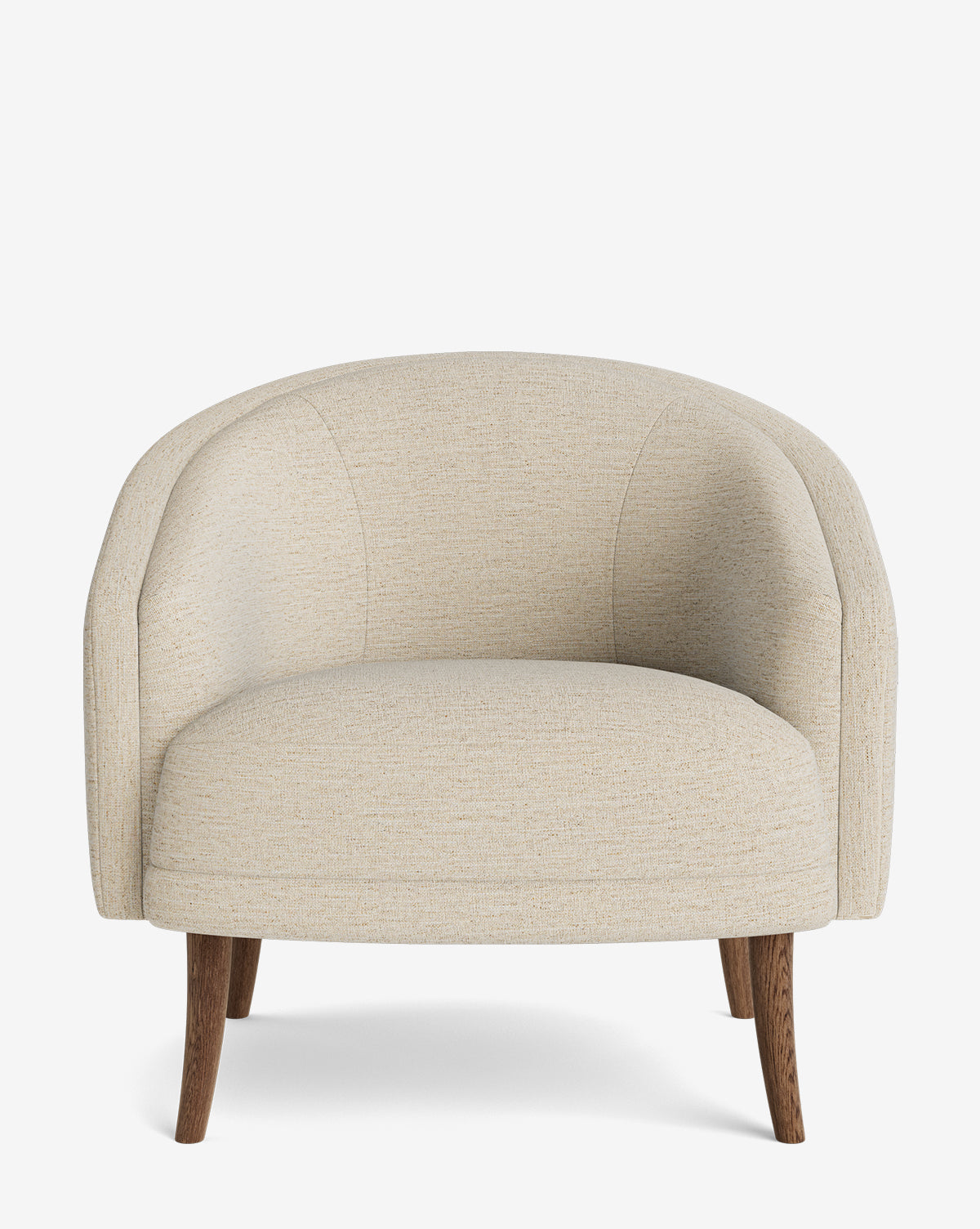 The Marguerite Lounge Chair is a modern beige armchair with a rounded backrest and wooden legs, displayed from the front on a plain white background by McGee & Co.