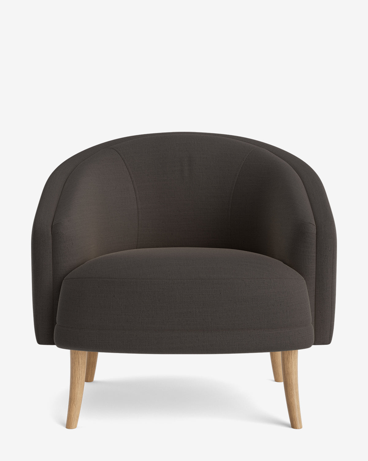 An accent chair features a modern design with a dark gray finish, curved backrest, and light wooden legs, shown from the front on a plain white background by Vendixs