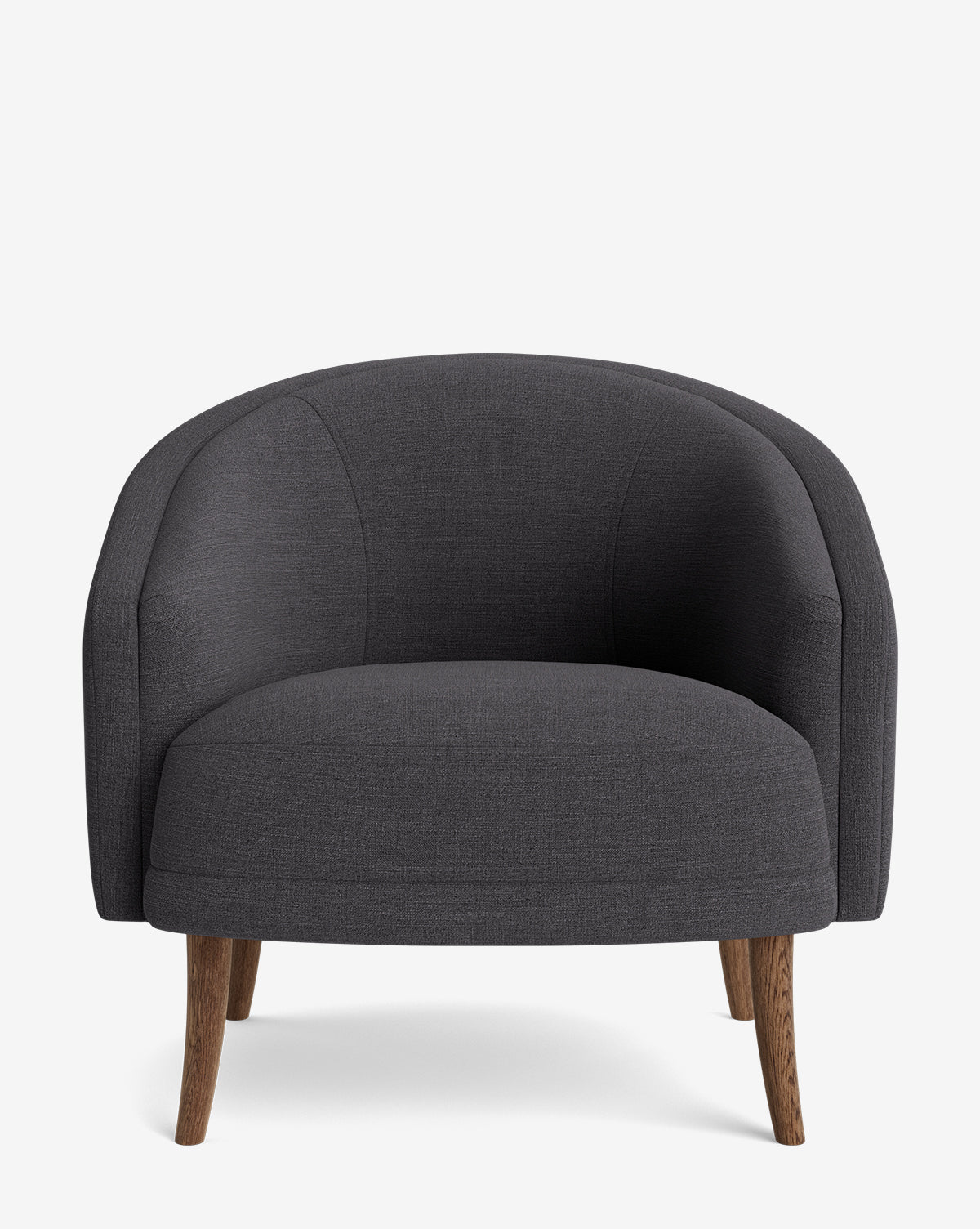 The Marguerite Lounge Chair features dark gray upholstery, a curved backrest, and wooden legs, displayed against a plain white background by McGee & Co.
