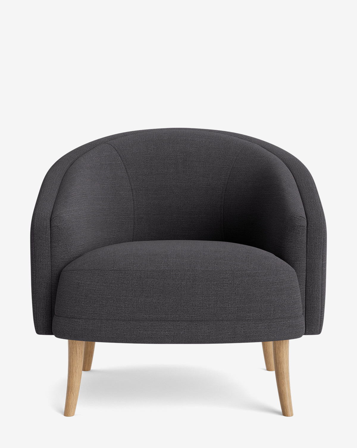 The Marguerite Lounge Chair is a modern dark gray upholstered armchair featuring a curved backrest and angled light wood legs, shown against a plain white background by McGee & Co.