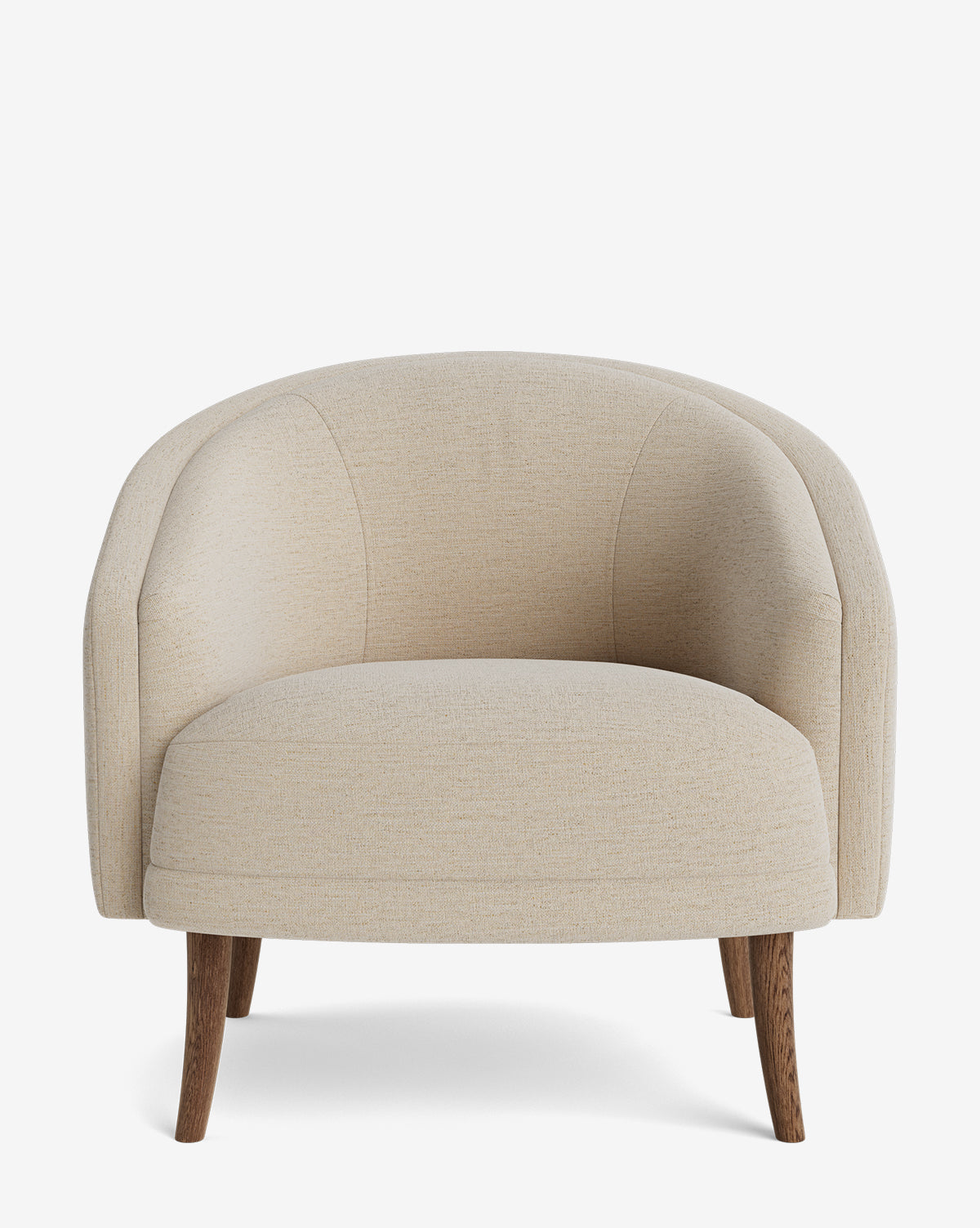 The Marguerite Lounge Chair features beige upholstery, a rounded backrest, and wooden legs, all shown from the front against a plain white background by McGee & Co.