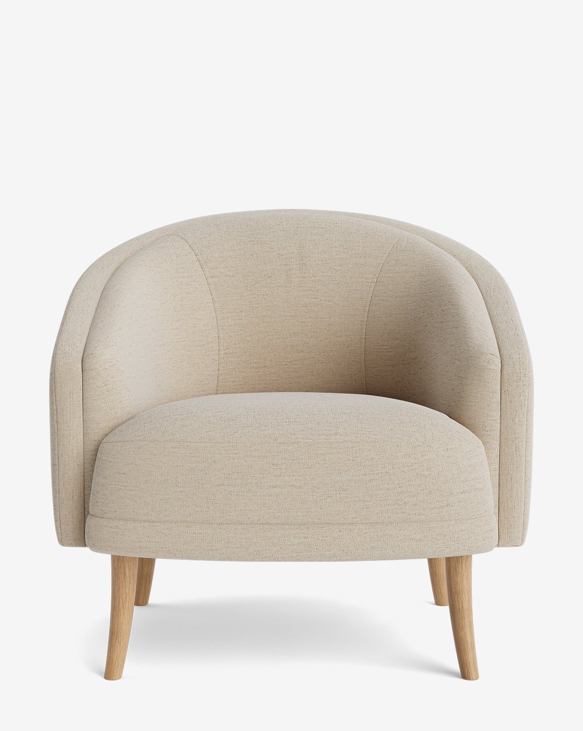 The Marguerite Lounge Chair is a modern armchair with a curved backrest, beige upholstery, and wooden legs, displayed against a white background by McGee & Co.