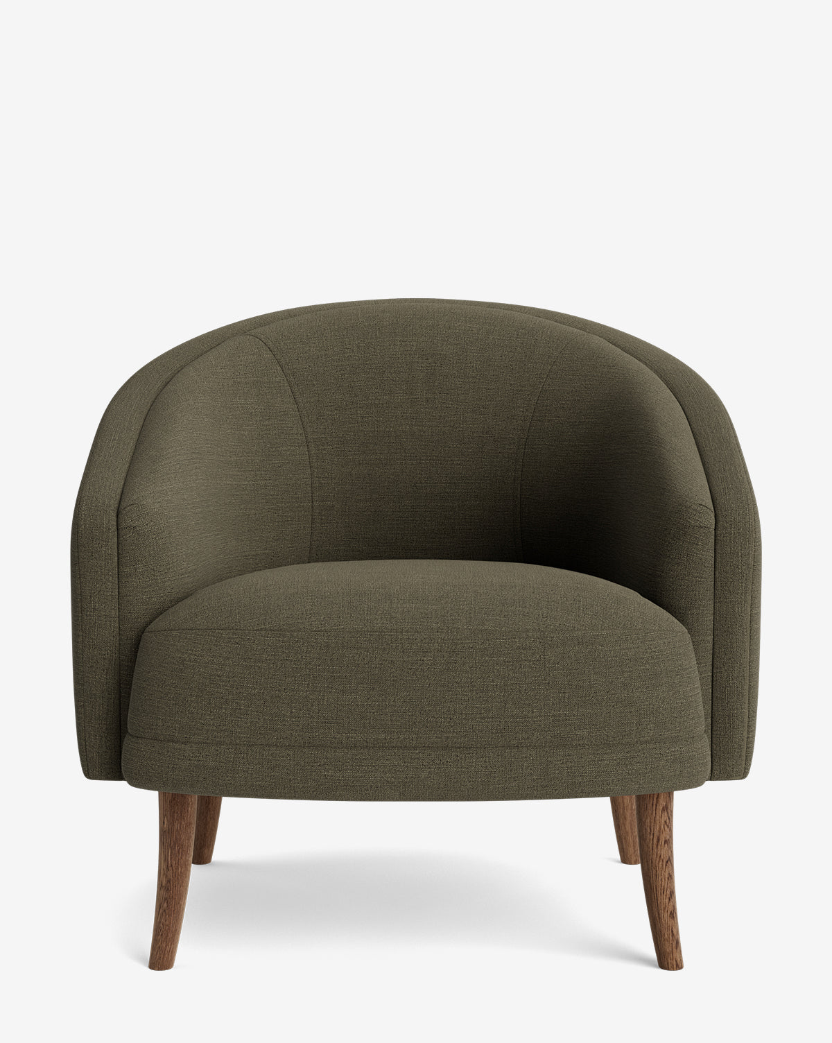 The Marguerite Lounge Chair features dark olive green upholstery, a rounded backrest, and four wooden legs, displayed against a plain white background by McGee & Co.